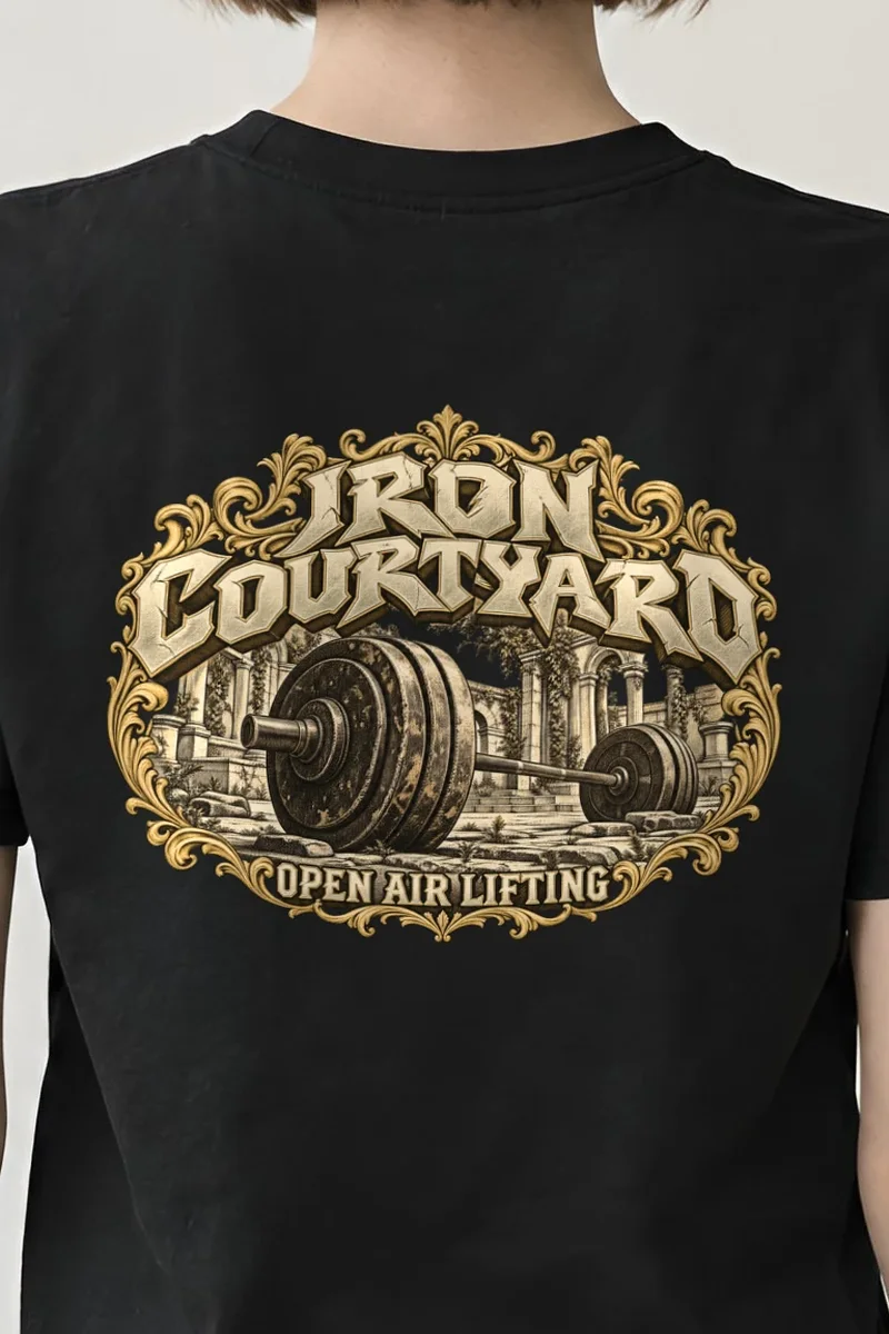 "Iron Courtyard" Heavyweight Unisex Crewneck T-shirt - the graphic up close