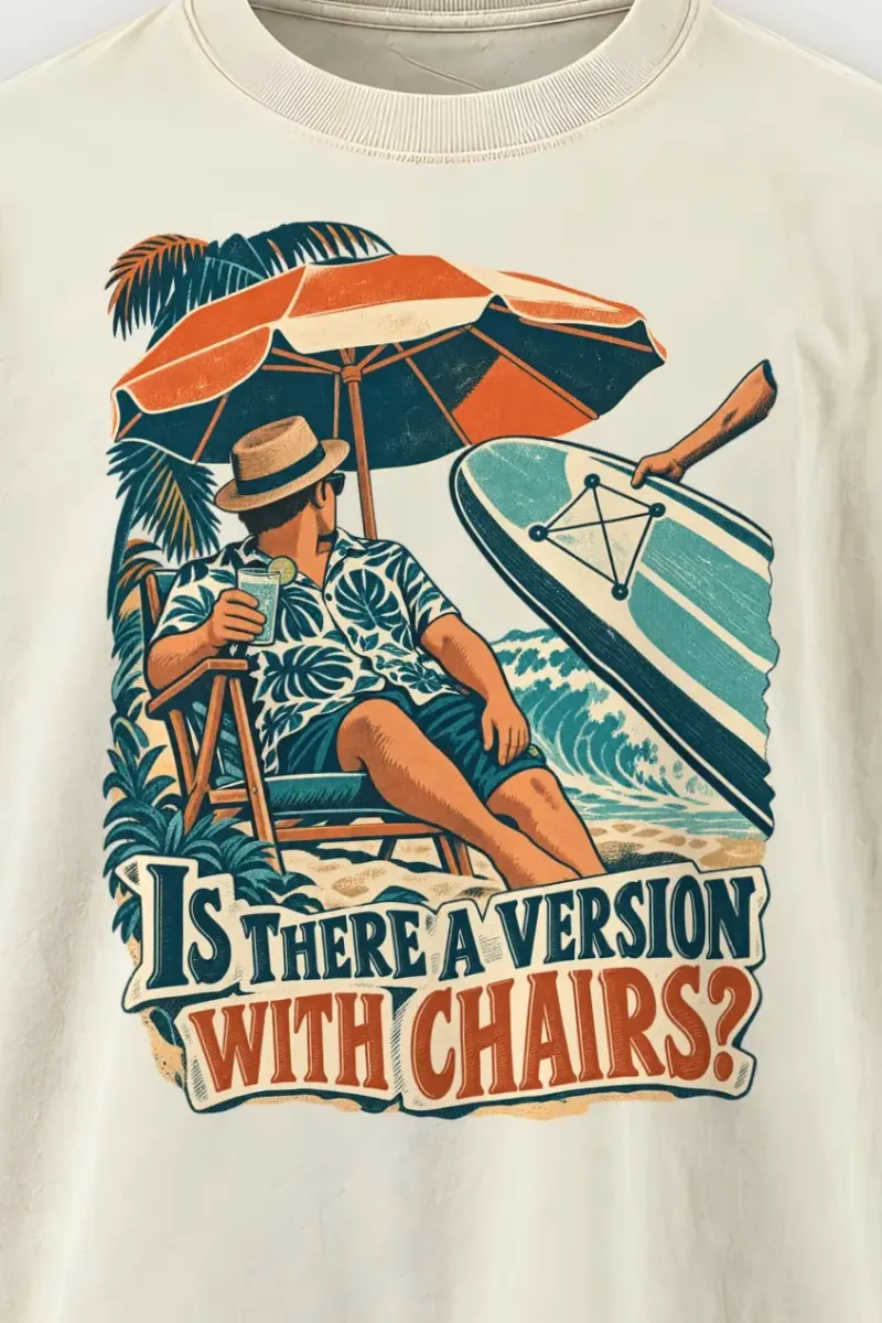 "Is There a Version With Chairs?" Men’s Oversized Heavyweight Crewneck T-Shirt - the graphic up close