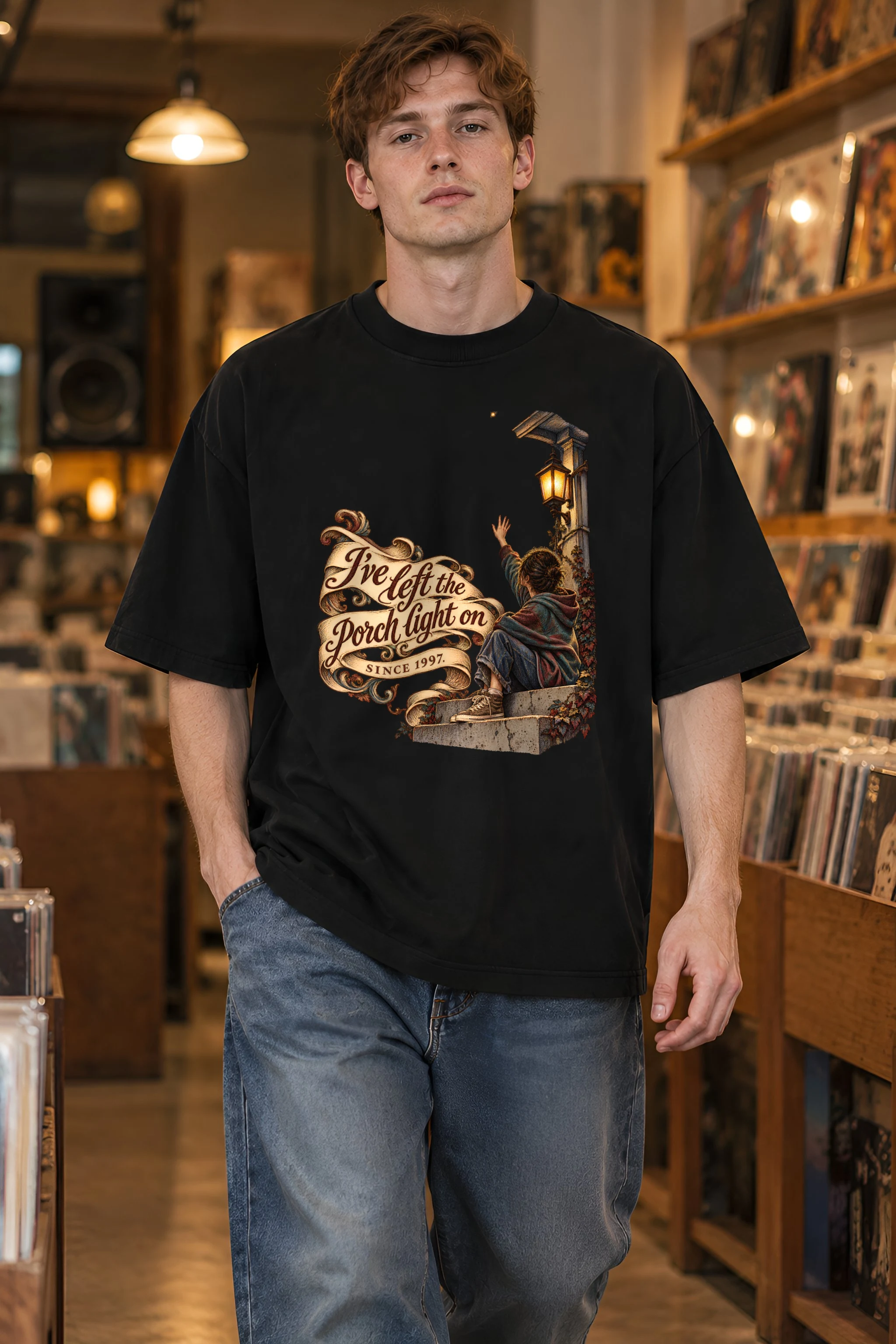 "I've Left the Porch Light On" Unisex Oversized Heavyweight Crewneck T-Shirt