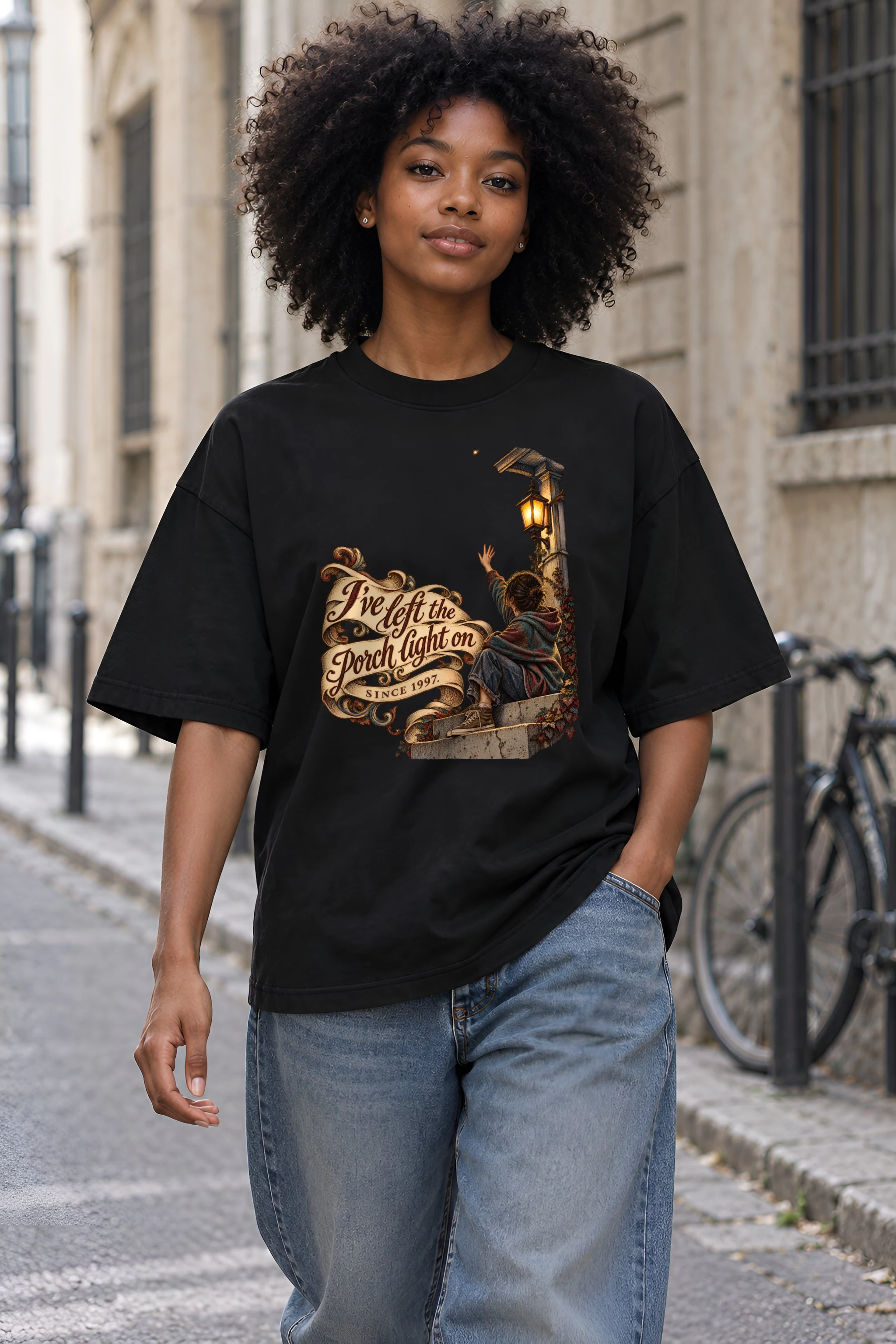 "I've Left the Porch Light On" Unisex Oversized Heavyweight Crewneck T-Shirt