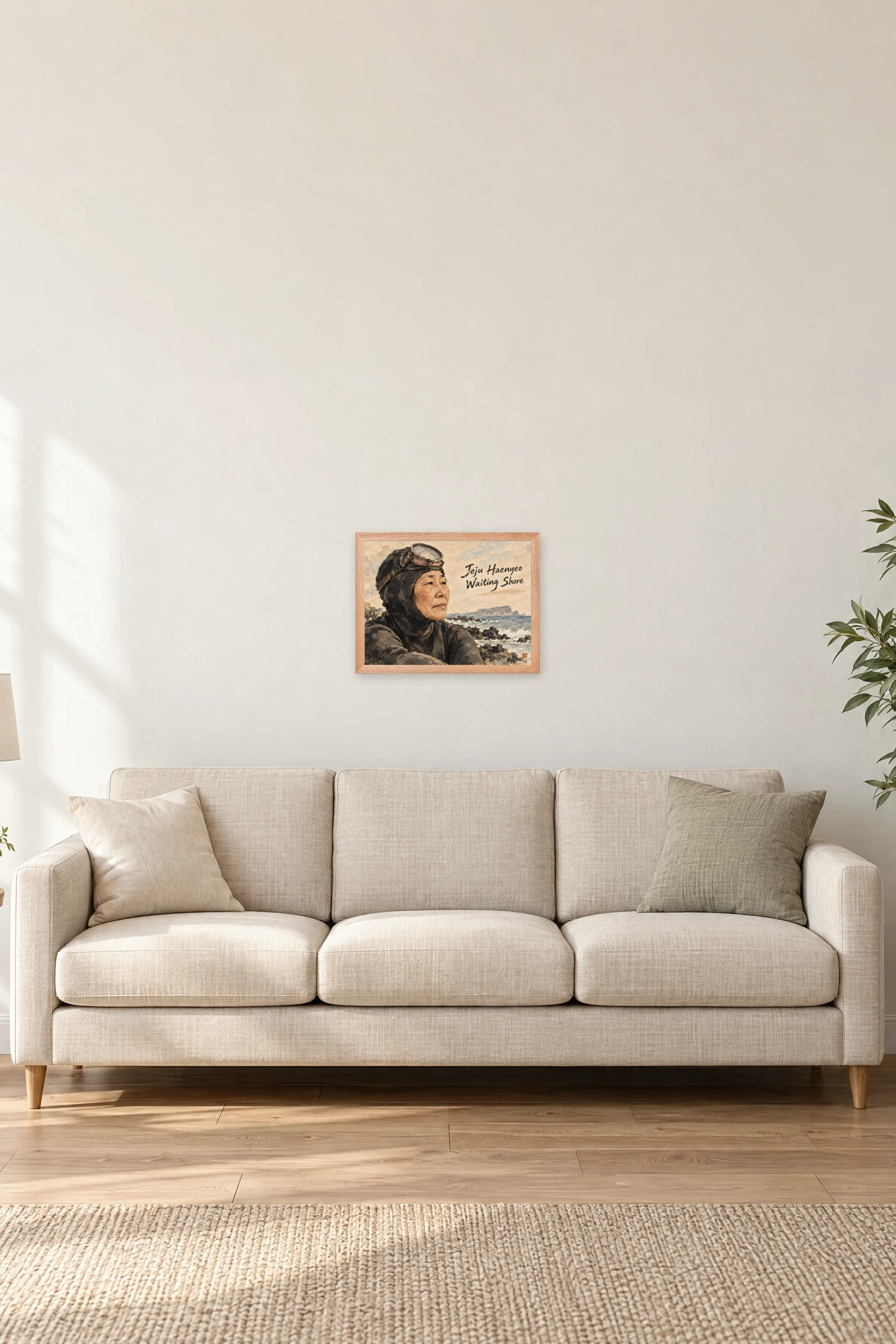 "Jeju Haenyeo Waiting Shore" Premium Wooden Framed Poster · Landscape — Natural Wood frame, 16 × 12 in