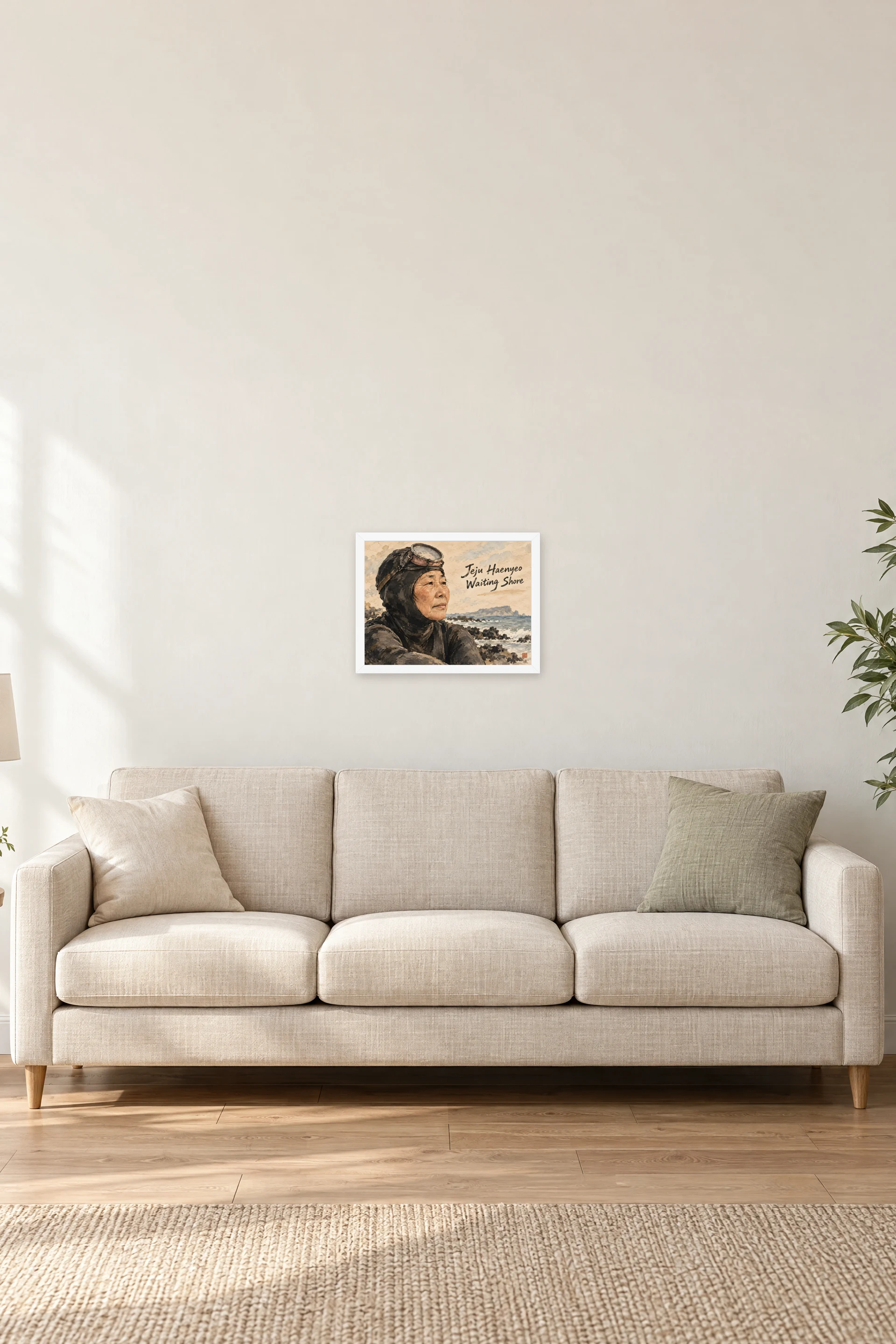"Jeju Haenyeo Waiting Shore" Premium Wooden Framed Poster · Landscape — White frame, 16 × 12 in