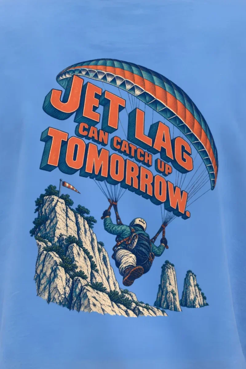 "Jet Lag Can Catch Up" Heavyweight Unisex Crewneck T-shirt - the graphic up close