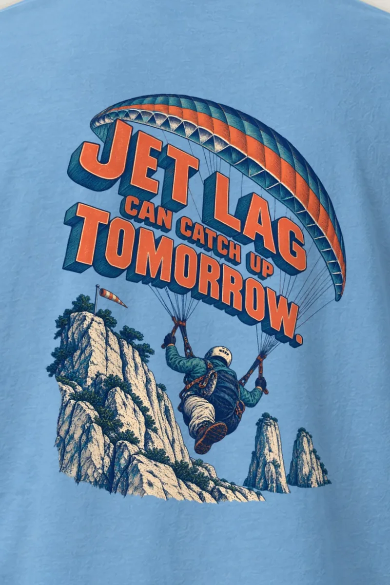 "Jet Lag Can Catch Up" Heavyweight Unisex Crewneck T-shirt - the graphic up close