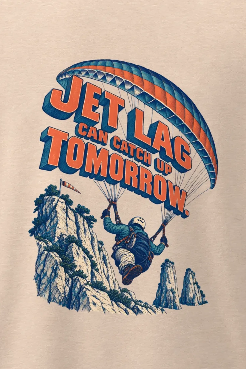 "Jet Lag Can Catch Up" Men’s Oversized Heavyweight Crewneck T-Shirt - the graphic up close