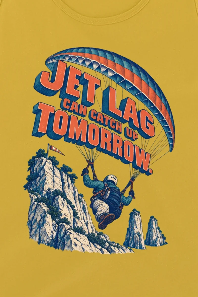 "Jet Lag Can Catch Up Tomorrow" Unisex Jersey Tank - the graphic up close