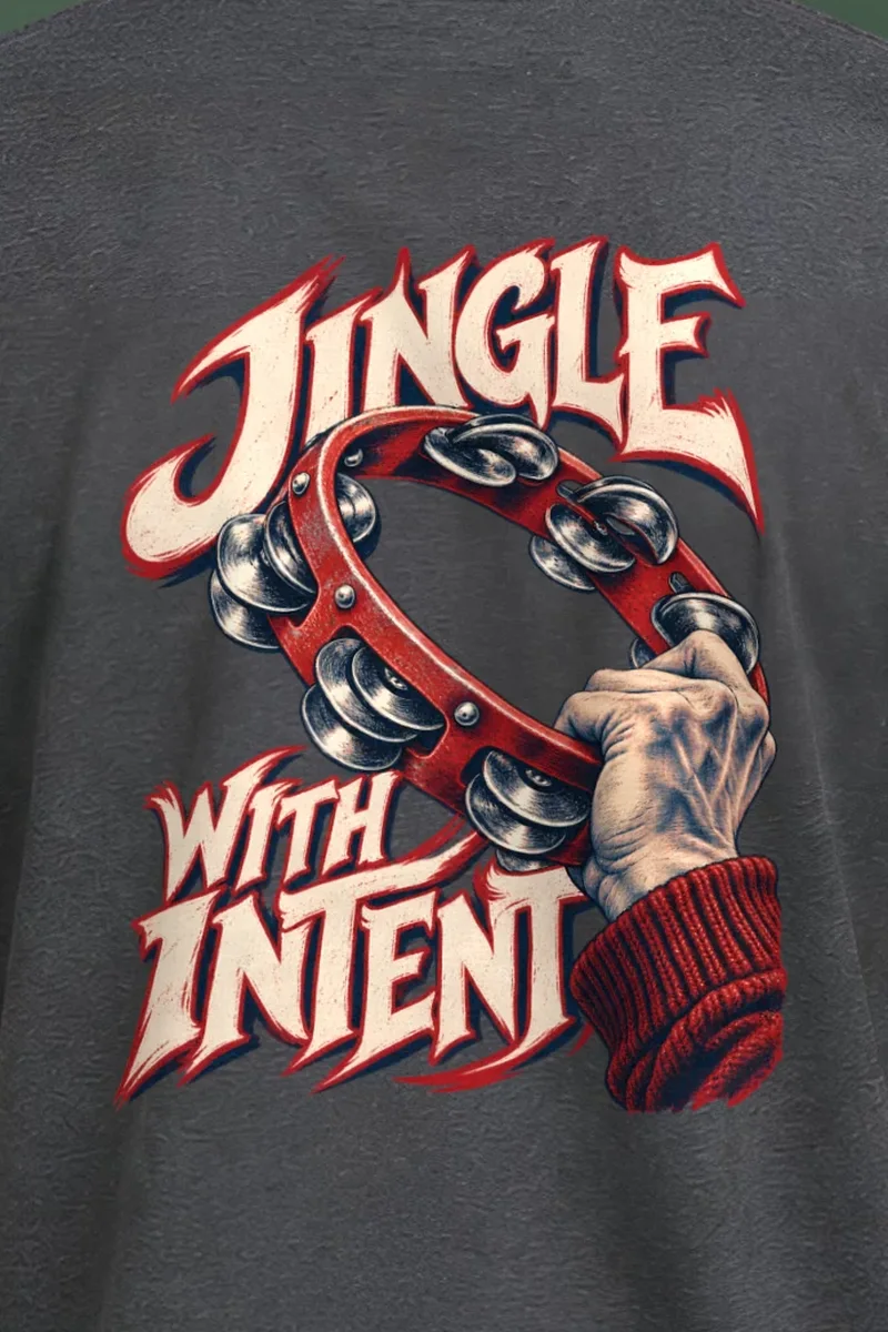 "Jingle With Intent" Heavyweight Unisex Crewneck T-shirt - the graphic up close