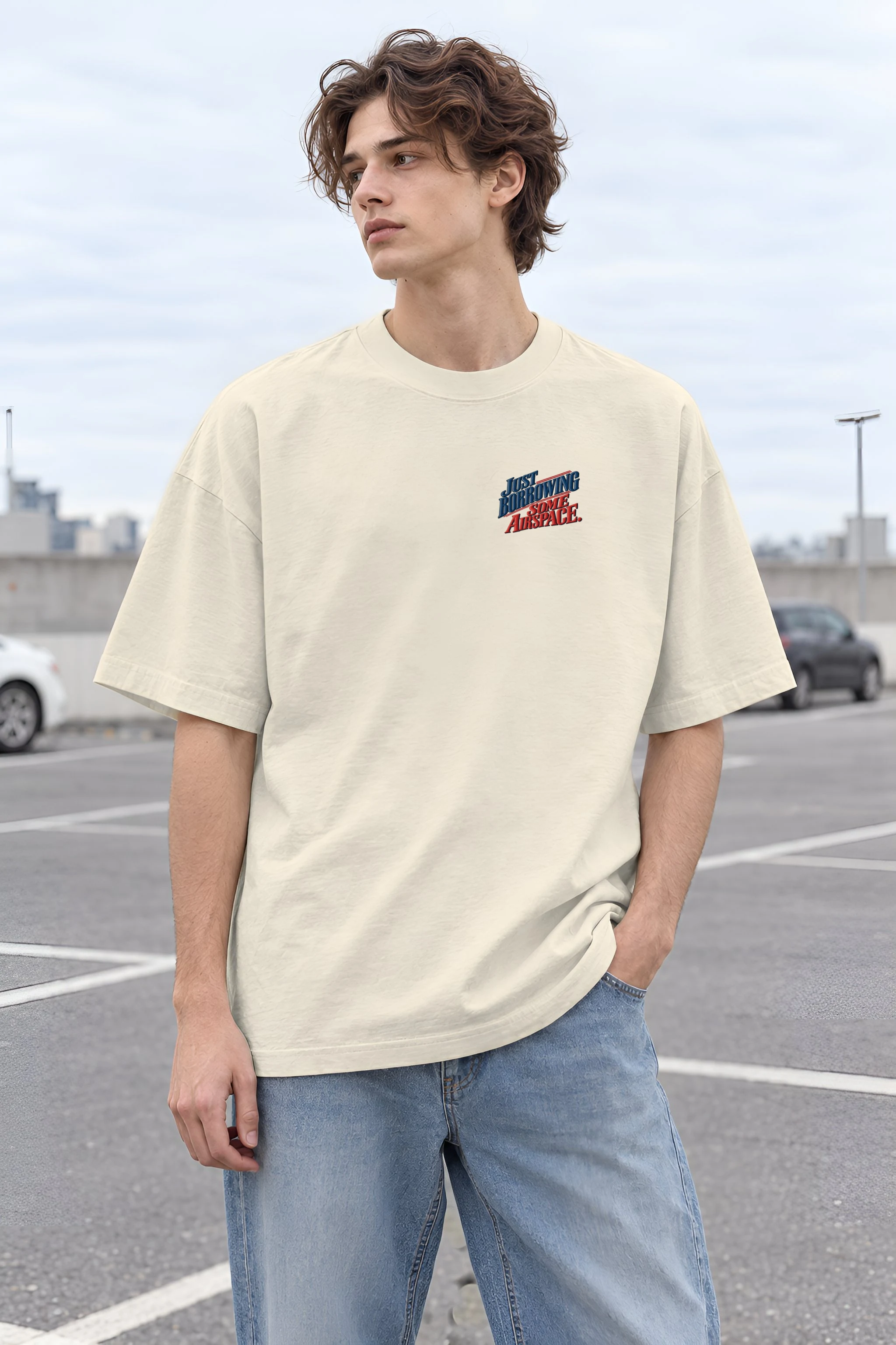 "Just Borrowing Some Airspace" Men's Oversized Heavyweight Crewneck T-Shirt