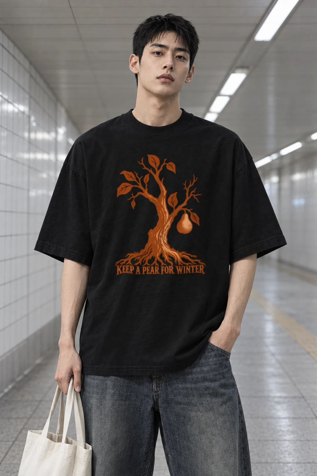 "Keep A Pear For Winter" Men's Oversized Heavyweight Crewneck T-Shirt