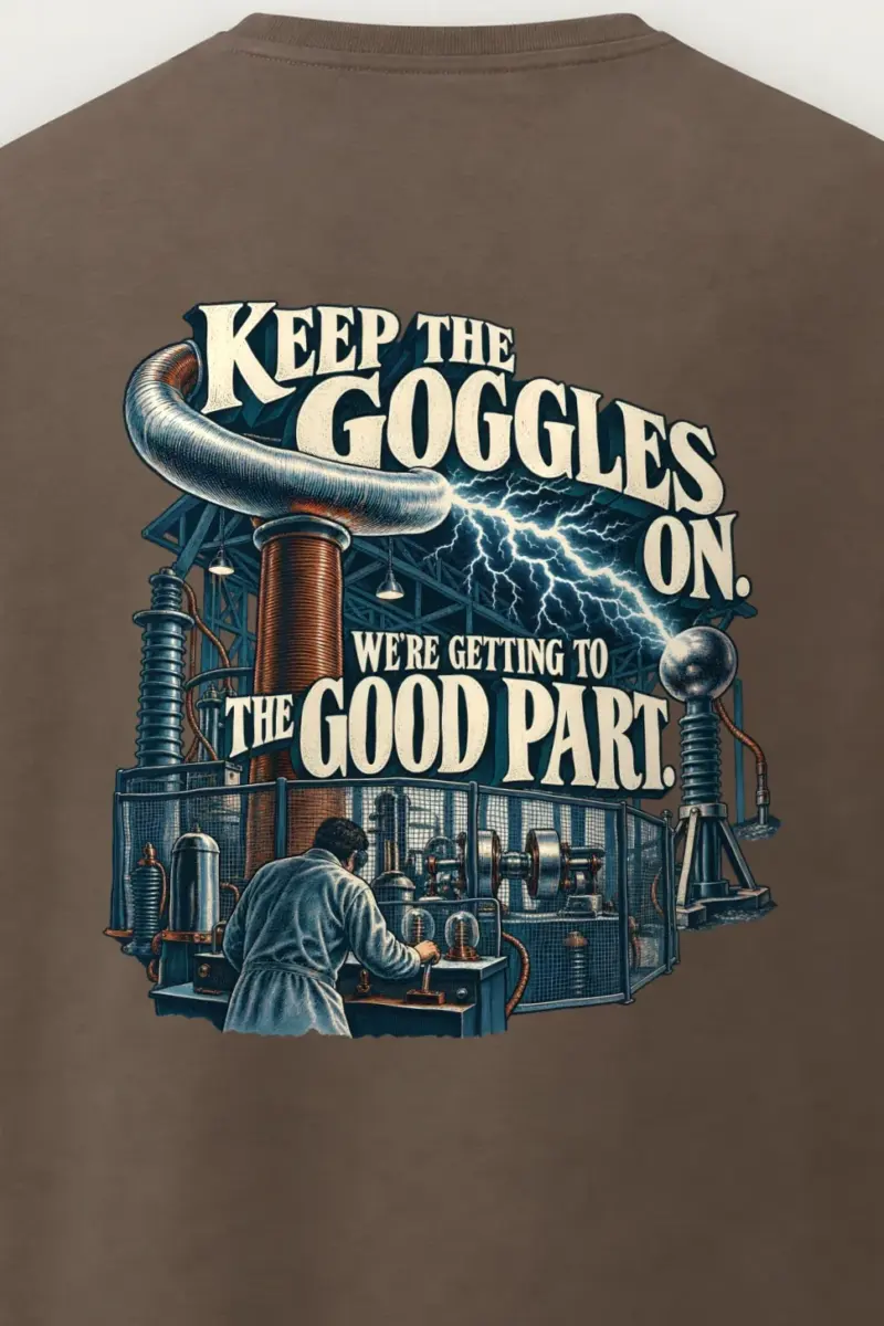 "Keep The Goggles On" Men’s Oversized Heavyweight Crewneck T-Shirt - the graphic up close