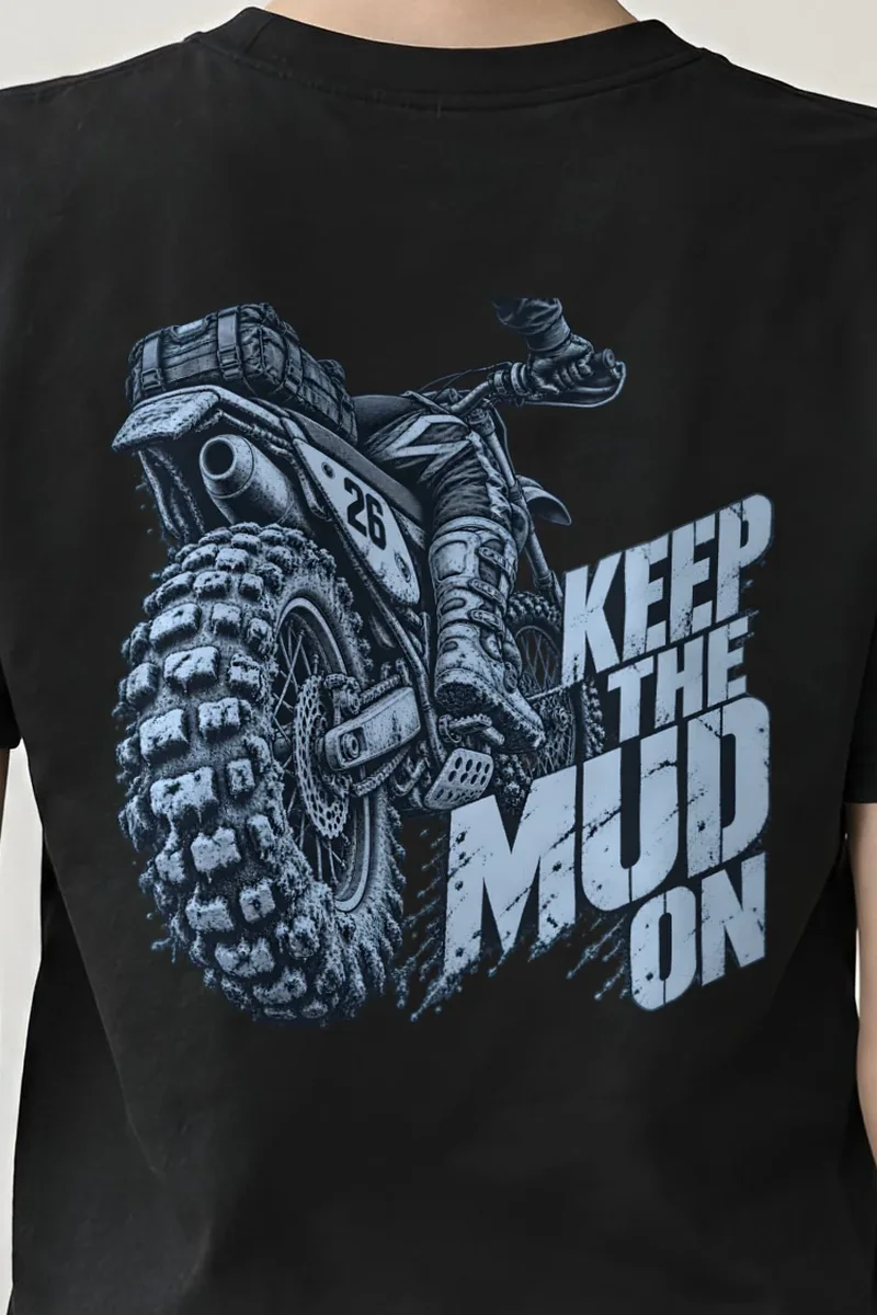 "Keep the Mud On" Heavyweight Unisex Crewneck T-shirt - the graphic up close