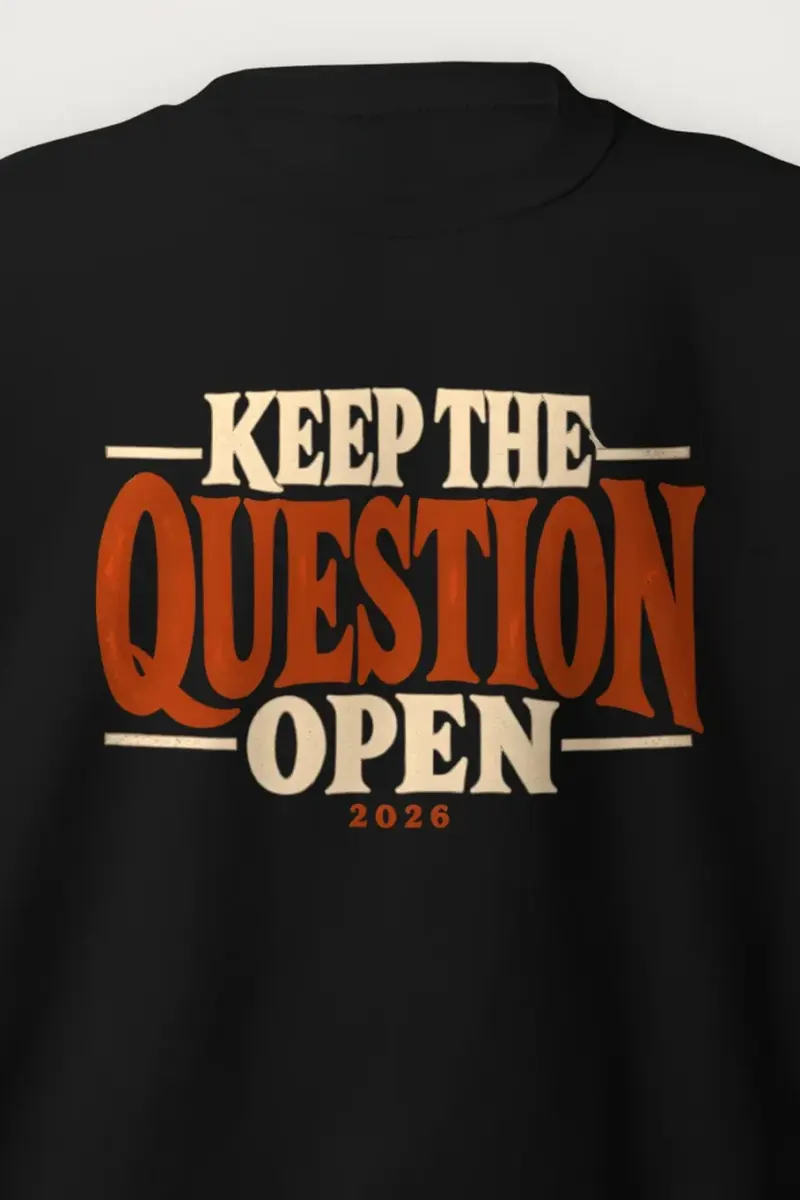 "Keep the Question Open" Heavy Blend Unisex Crewneck Sweatshirt - the graphic up close