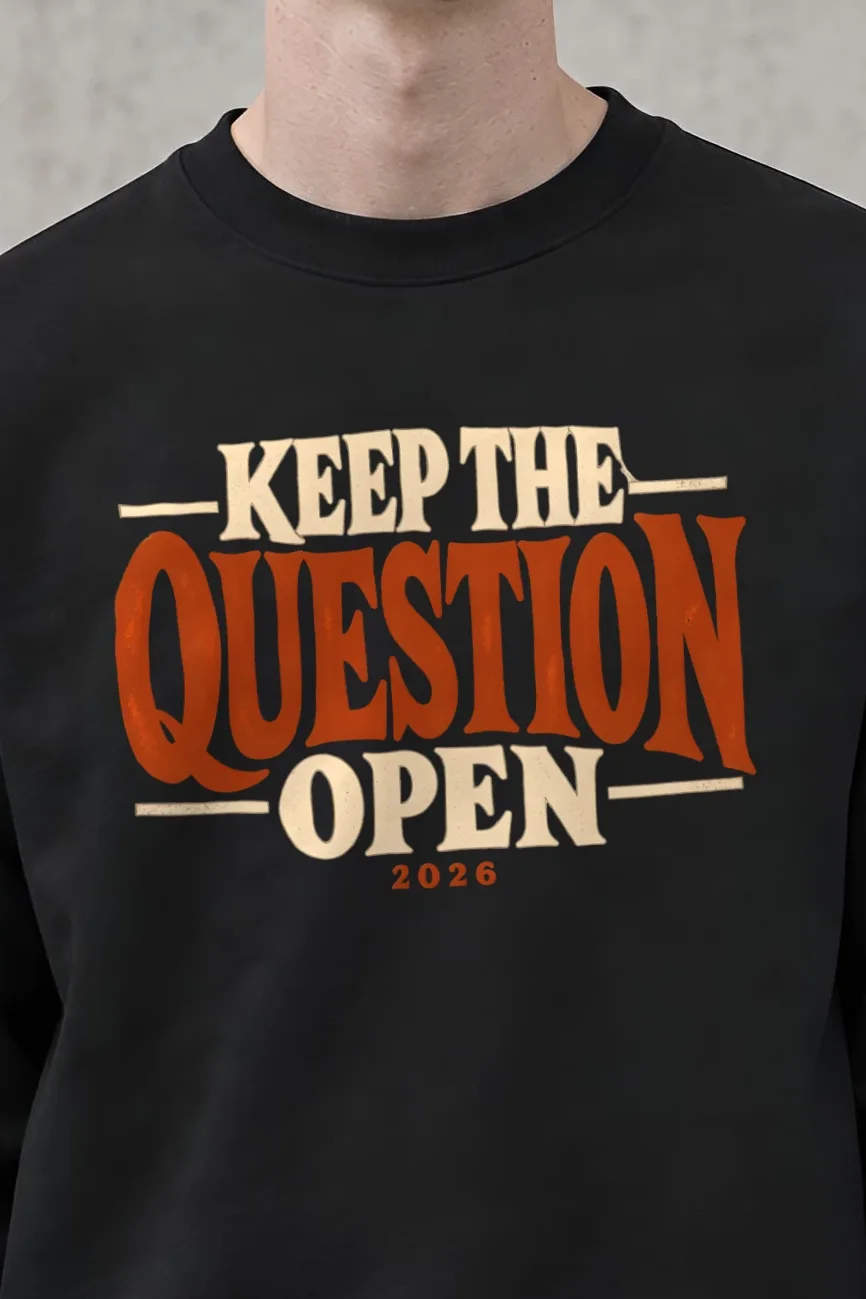 "Keep the Question Open" Heavy Blend Unisex Crewneck Sweatshirt - the graphic up close
