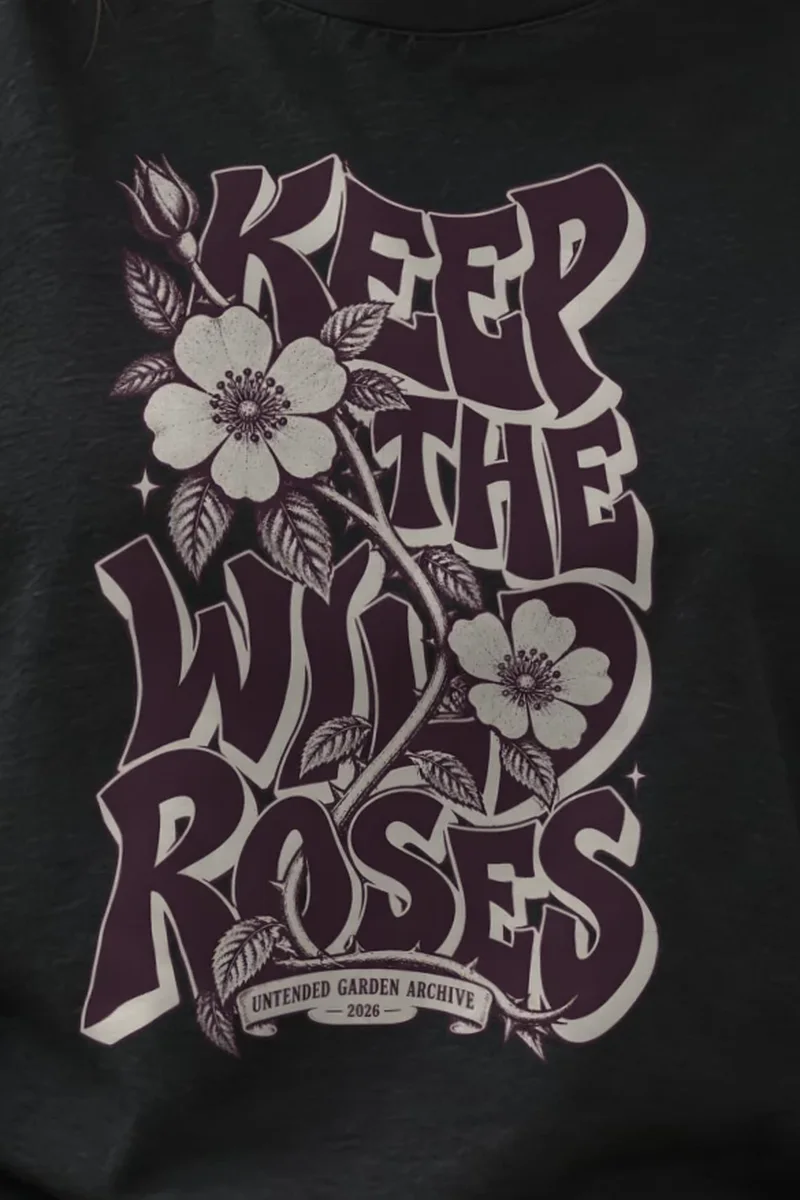 "Keep the Wild Roses" Heavyweight Unisex Crewneck T-shirt - the graphic up close