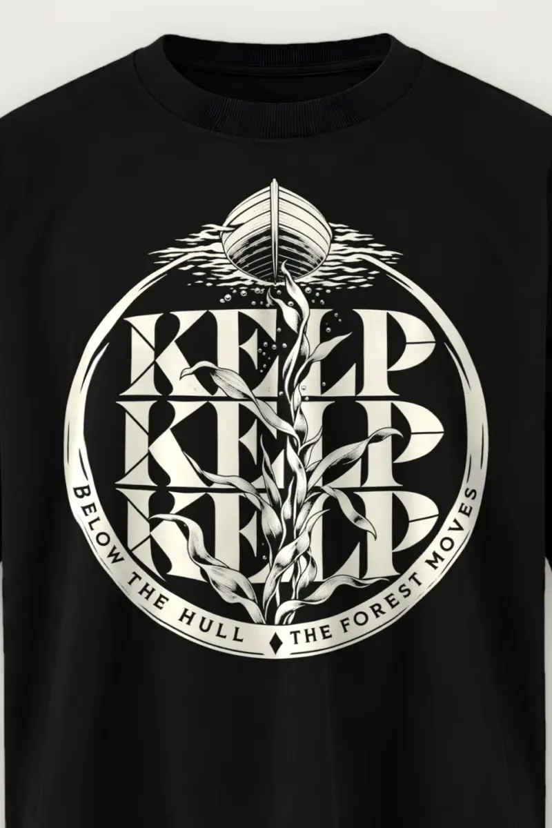 "Kelp Below the Hull" Men’s Oversized Heavyweight Crewneck T-Shirt - the graphic up close
