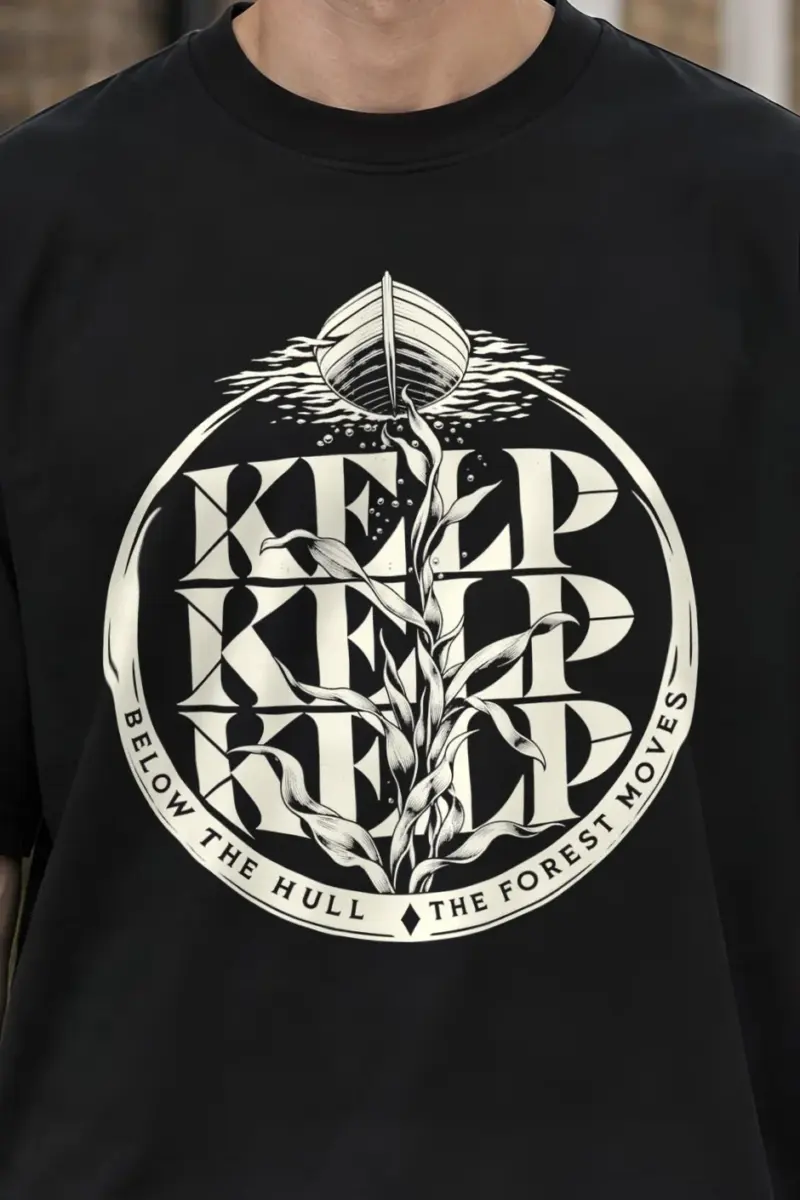 "Kelp Below the Hull" Men’s Oversized Heavyweight Crewneck T-Shirt - the graphic up close