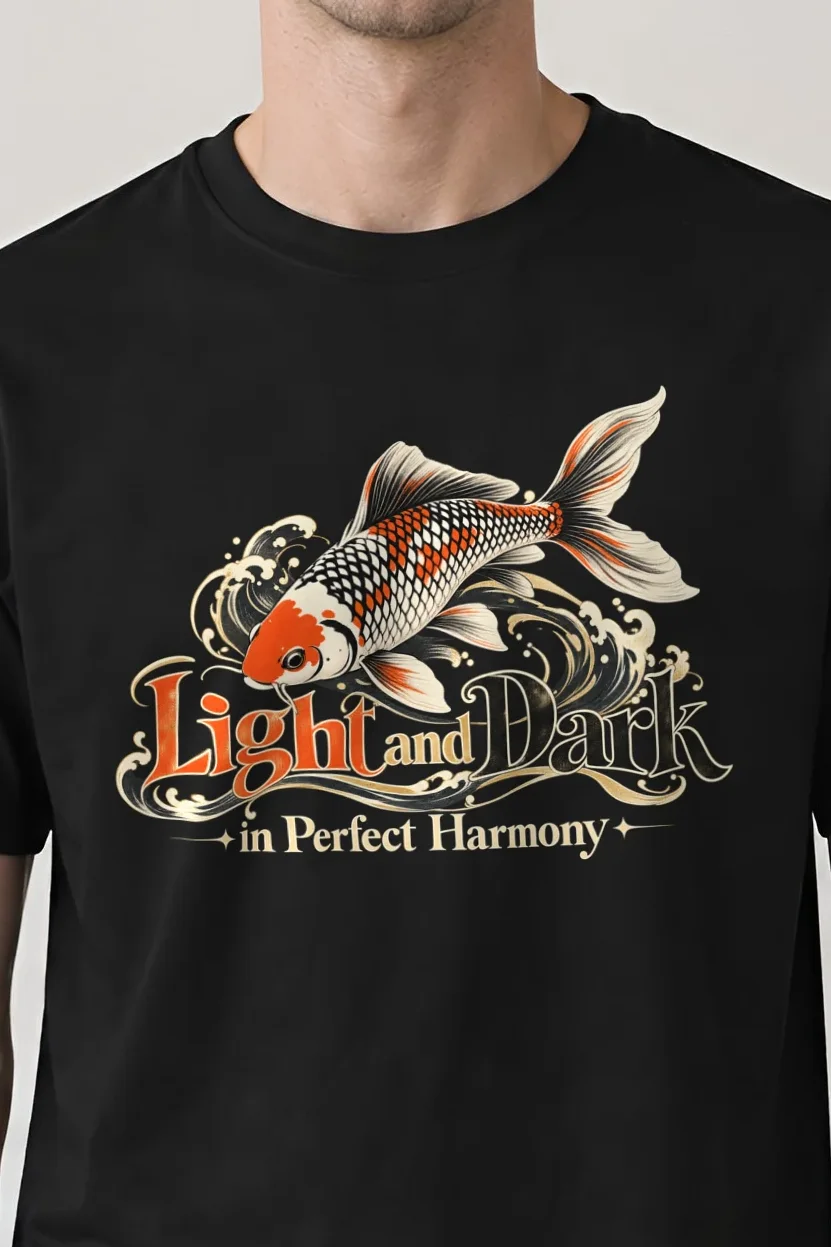 "Koi Waves" Heavyweight Unisex Crewneck T-shirt - the graphic up close