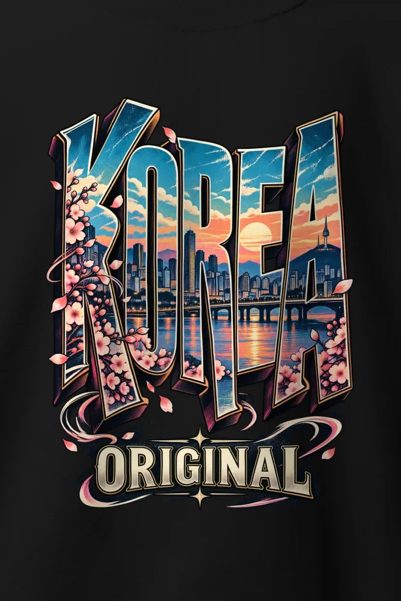 "Korea Sunset Skyline" Heavy Blend Unisex Crewneck Sweatshirt - the graphic up close