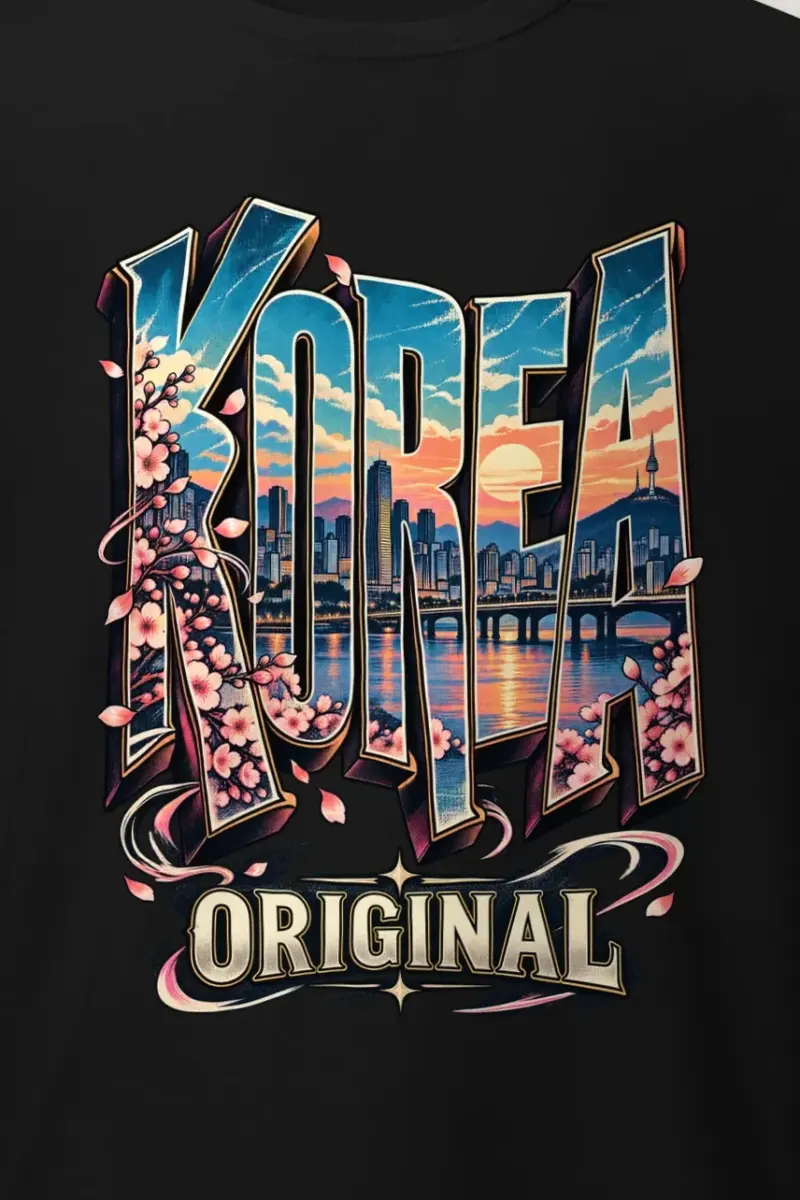 "Skyline Glow Korea" Heavyweight Unisex Crewneck T-shirt - the graphic up close