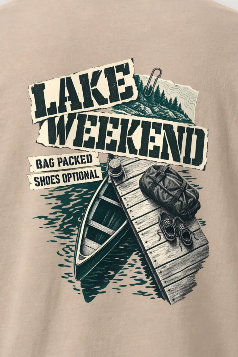 "Lake Weekend Shoes Optional" Heavyweight Unisex Crewneck T-shirt - the graphic up close