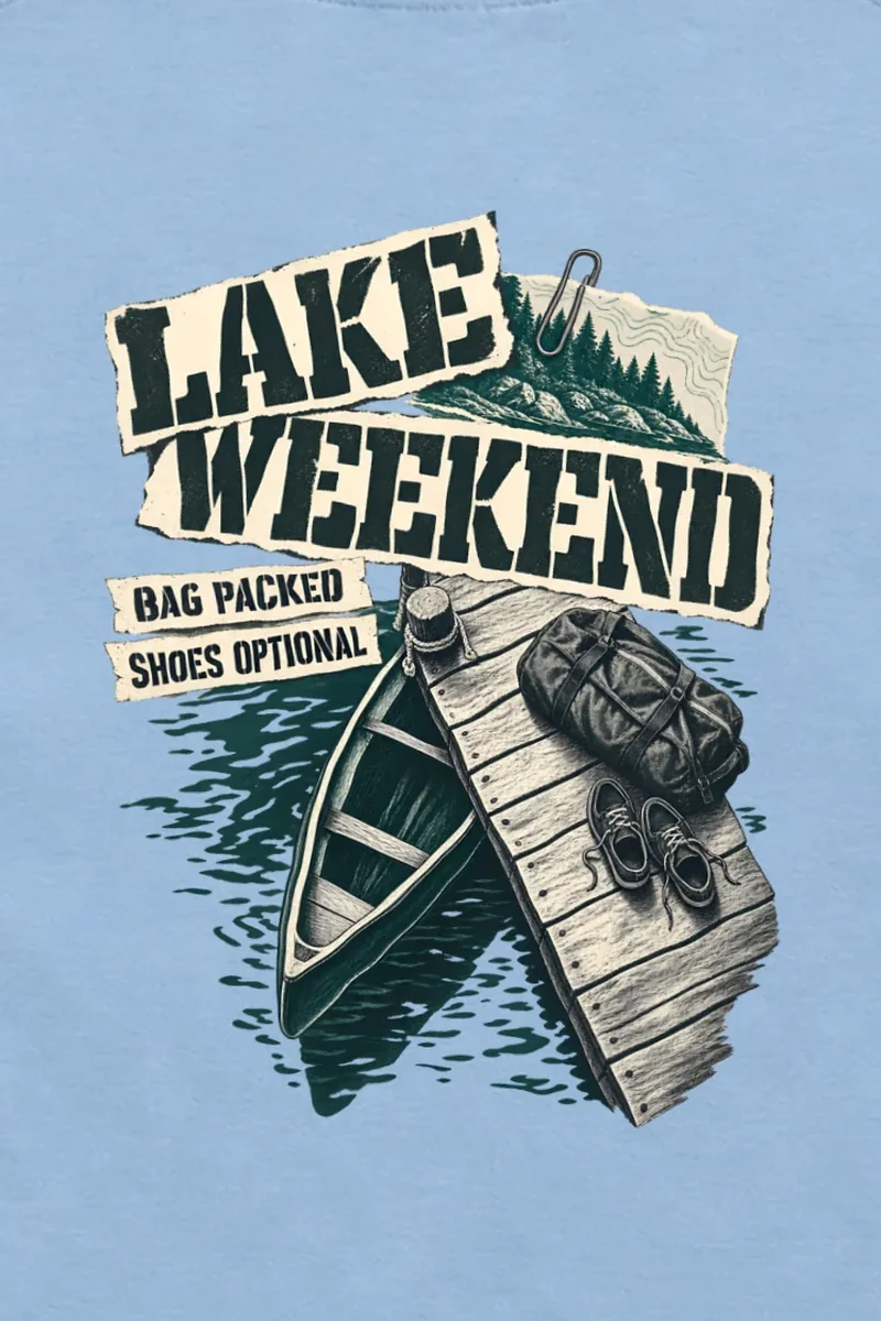 "Lake Weekend Shoes Optional" Unisex Longsleeve T-shirt - the graphic up close
