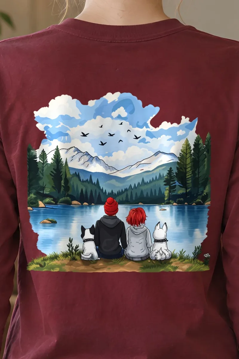 "Lakeside Companions" Unisex Longsleeve T-shirt - the graphic up close