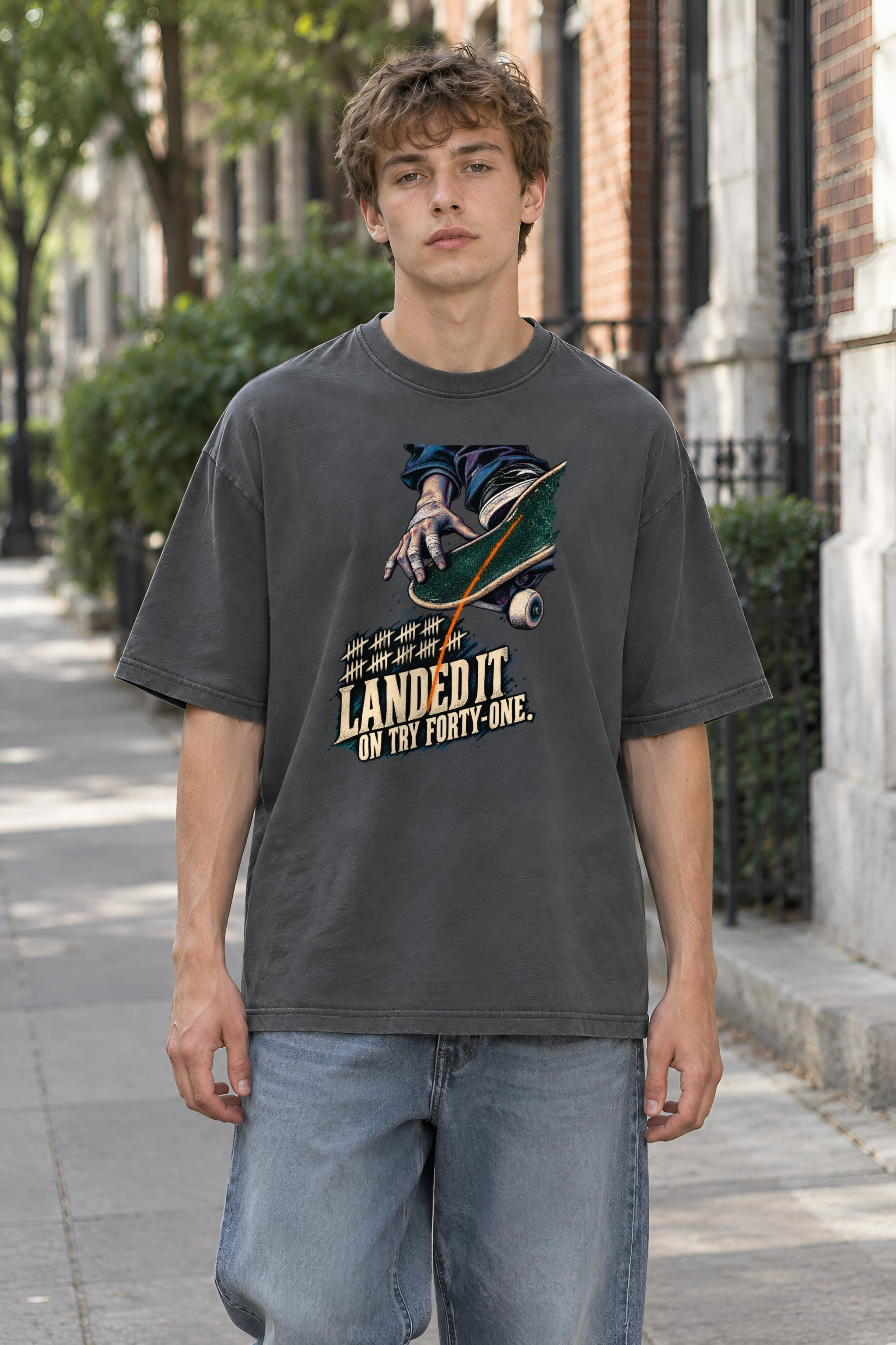 "Landed It" Unisex Oversized Heavyweight Crewneck T-Shirt