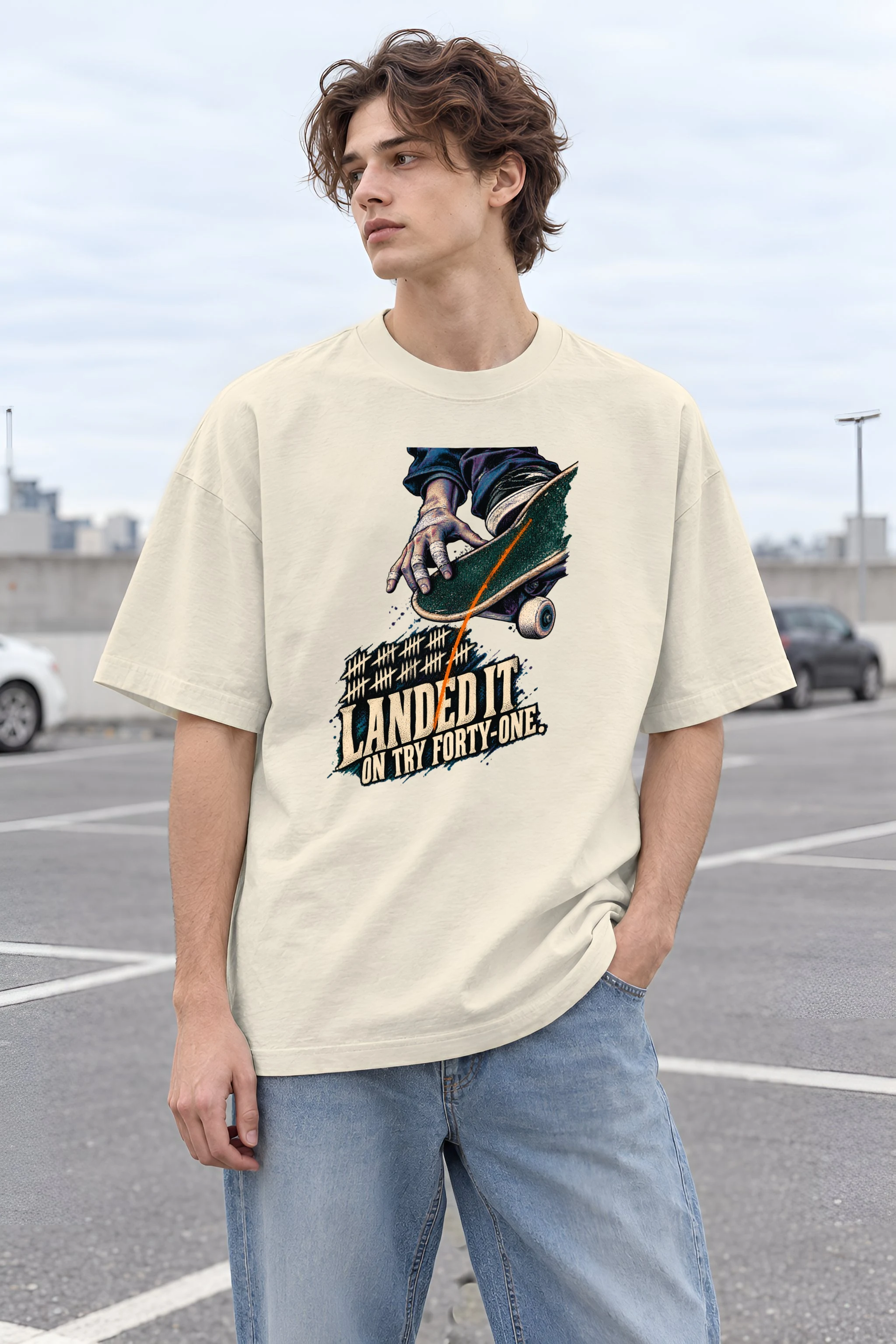 "Landed It" Unisex Oversized Heavyweight Crewneck T-Shirt