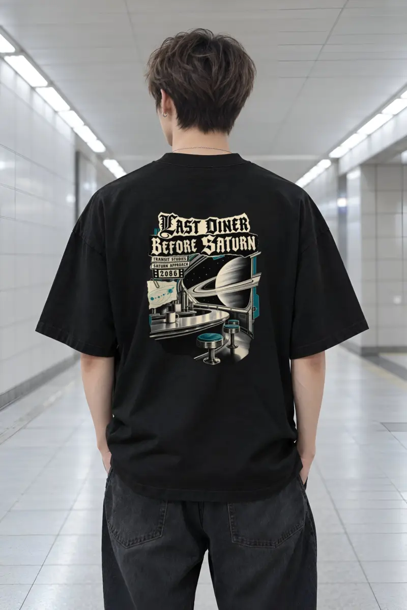 "Last Diner Before Saturn" Men's Oversized Heavyweight Crewneck T-Shirt