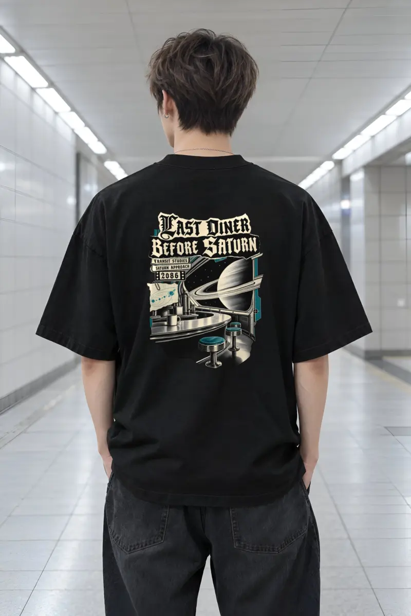 "Last Diner Before Saturn" Men's Oversized Heavyweight Crewneck T-Shirt