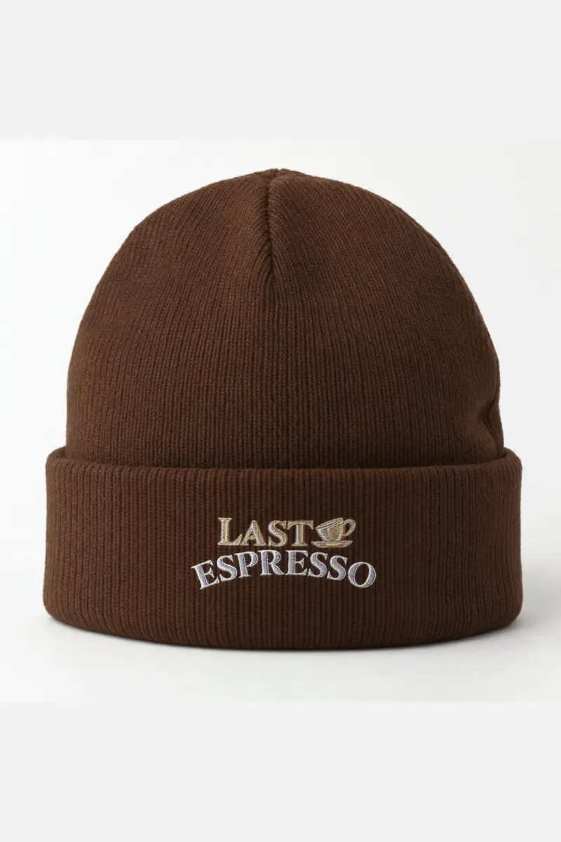 “Last Espresso” Cuffed Beanie · Embroidered