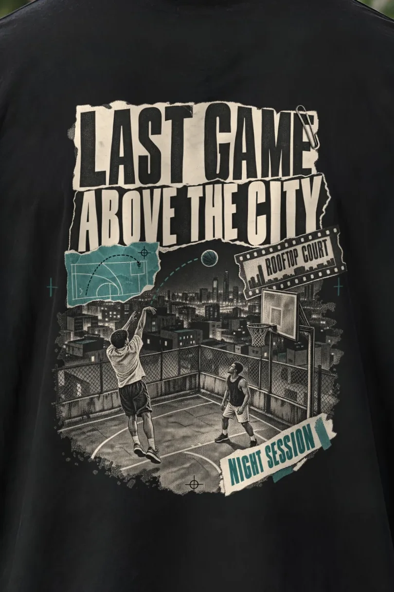 "Last Game Above the City" Men’s Oversized Heavyweight Crewneck T-Shirt - the graphic up close