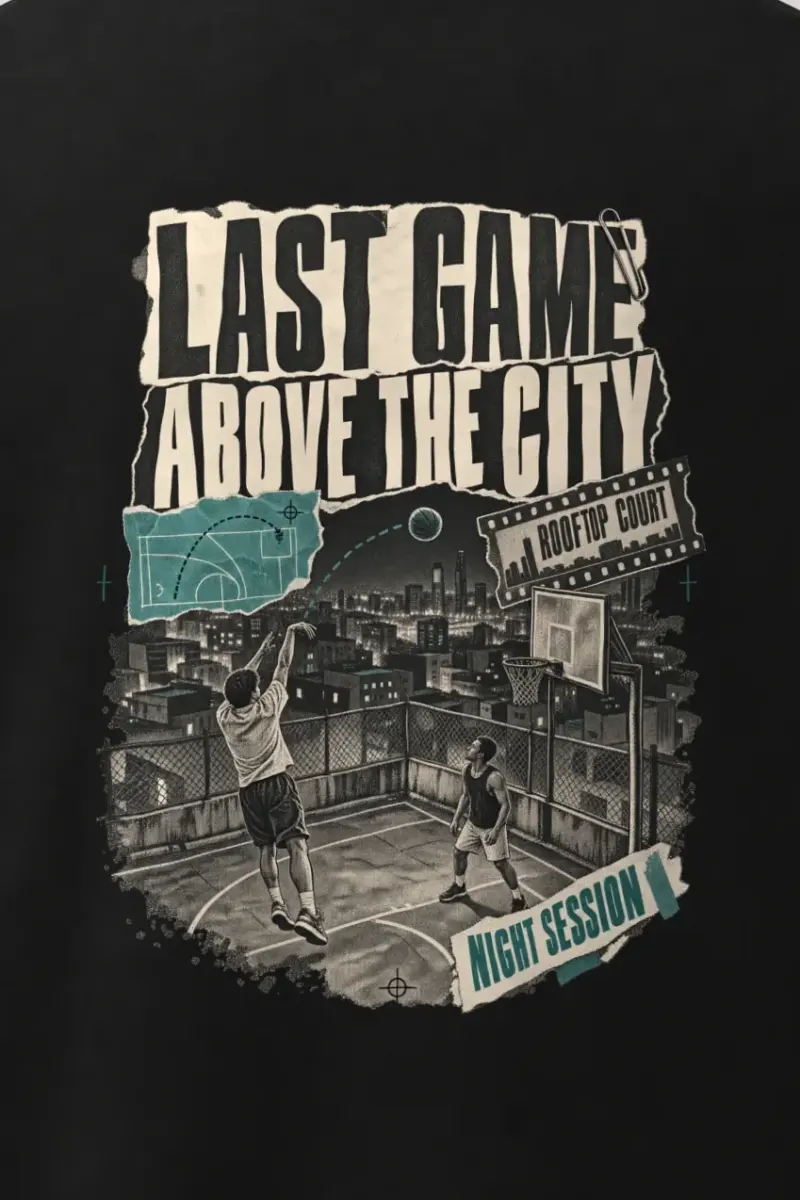 "Last Game Above the City" Men’s Oversized Heavyweight Crewneck T-Shirt - the graphic up close