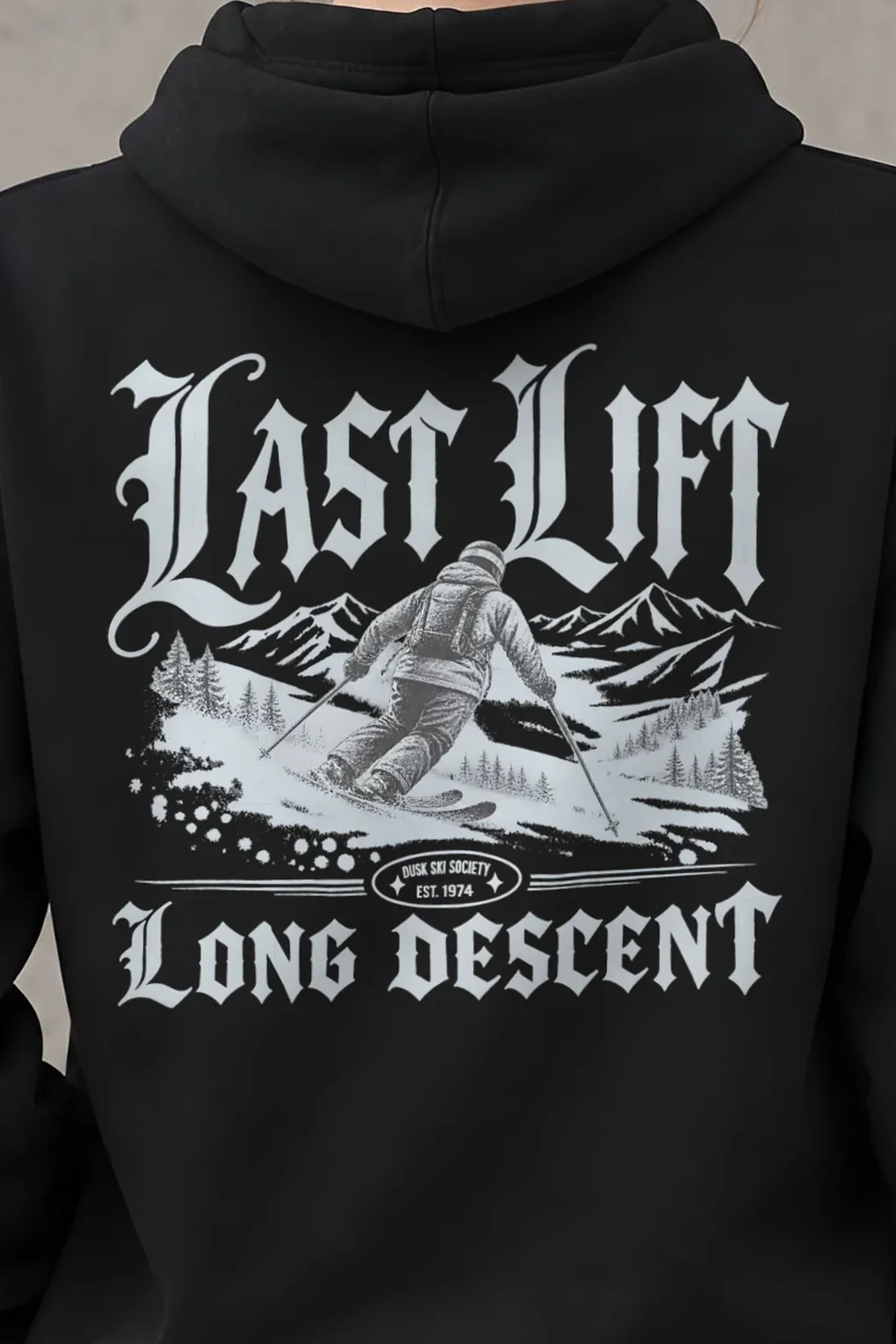 "Last Lift Long Descent" Heavy Blend Unisex Pullover Hoodie - the graphic up close