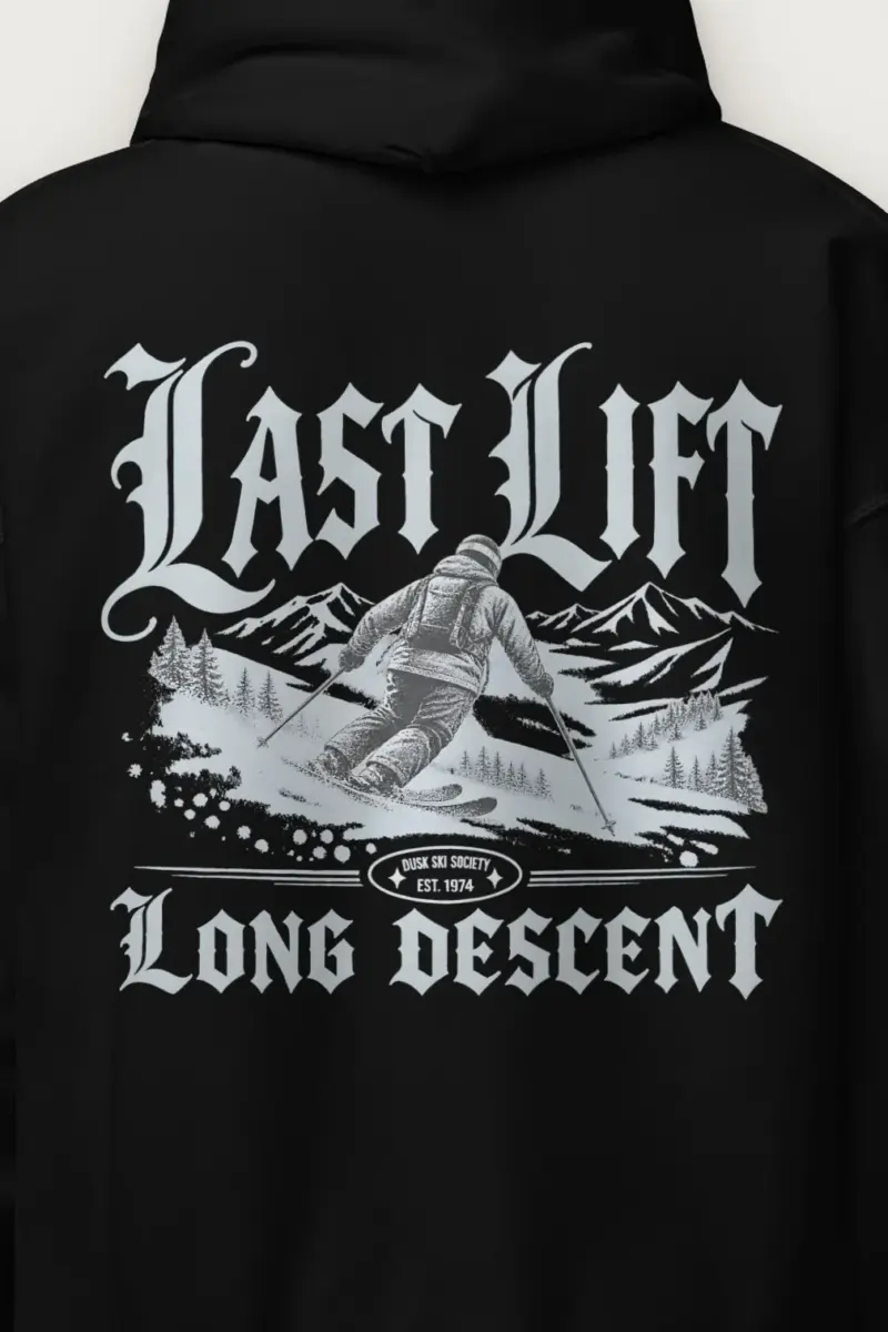 "Last Lift Long Descent" Heavy Blend Unisex Pullover Hoodie - the graphic up close