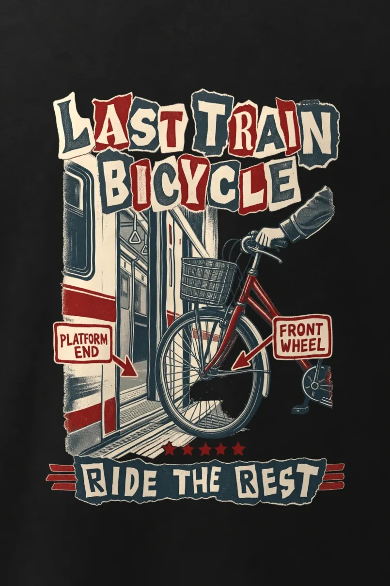 "Last Train Bicycle" Men’s Oversized Heavyweight Crewneck T-Shirt - the graphic up close