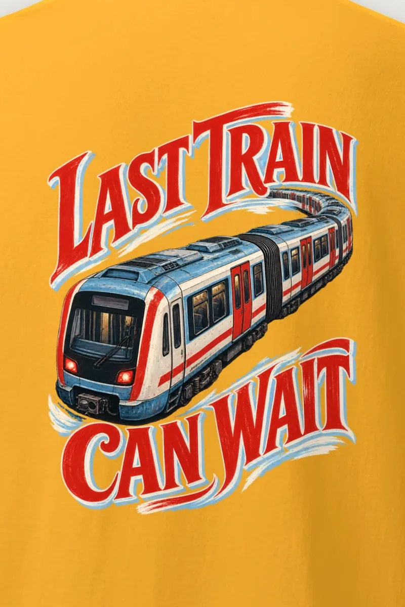 "Last Train Can Wait" Heavyweight Unisex Crewneck T-shirt - the graphic up close