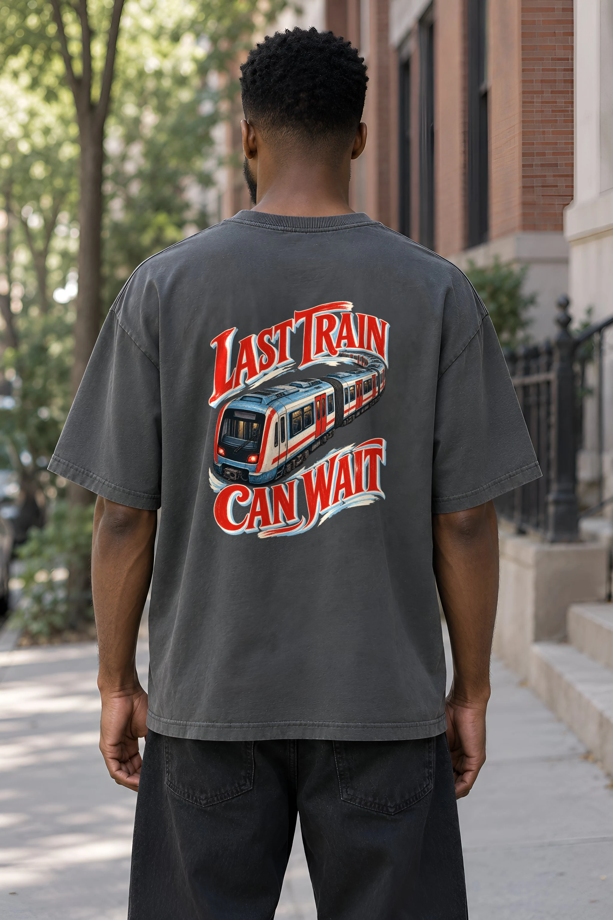 "Last Train Can Wait" Men's Oversized Heavyweight Crewneck T-Shirt