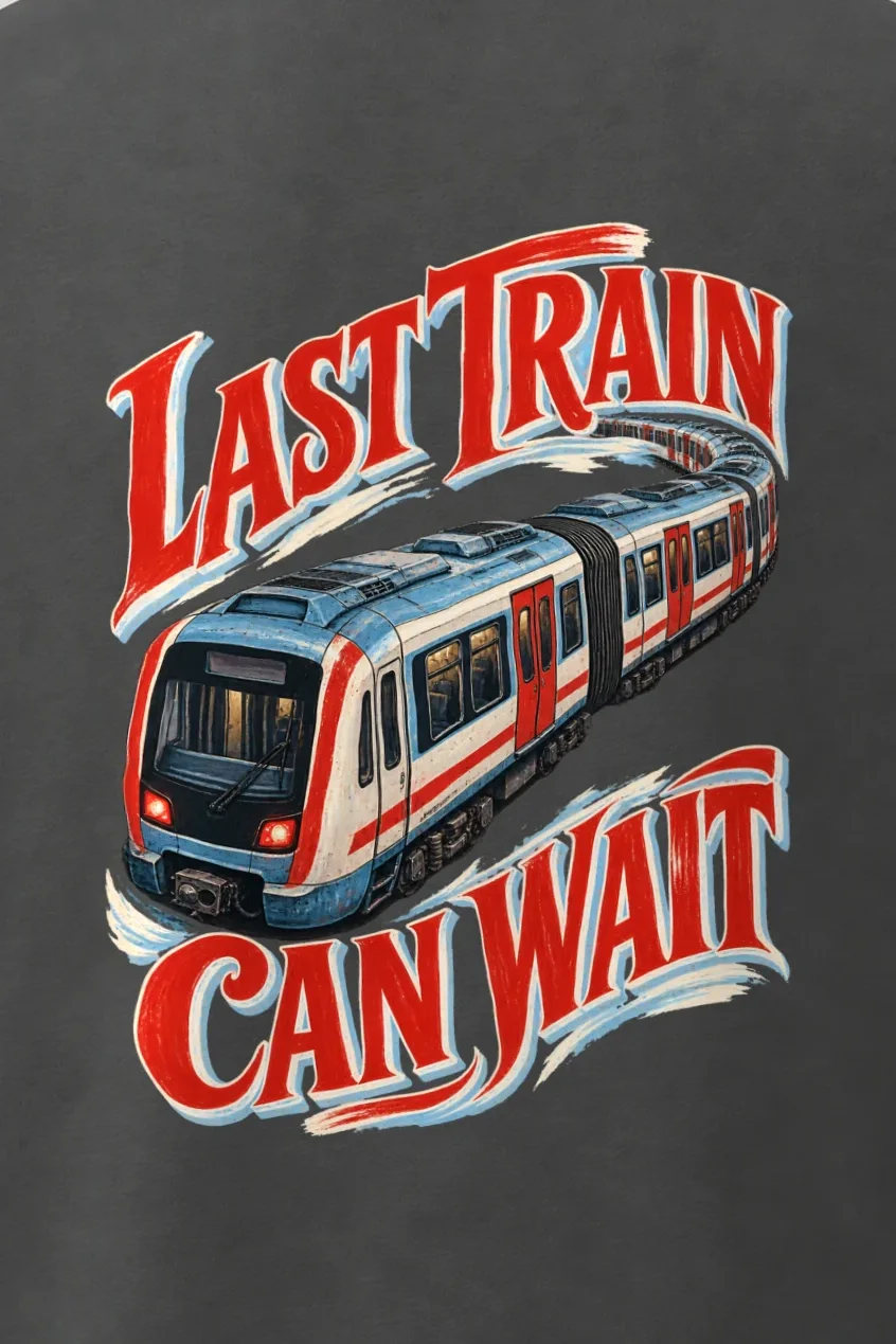 "Last Train Can Wait" Men’s Oversized Heavyweight Crewneck T-Shirt - the graphic up close