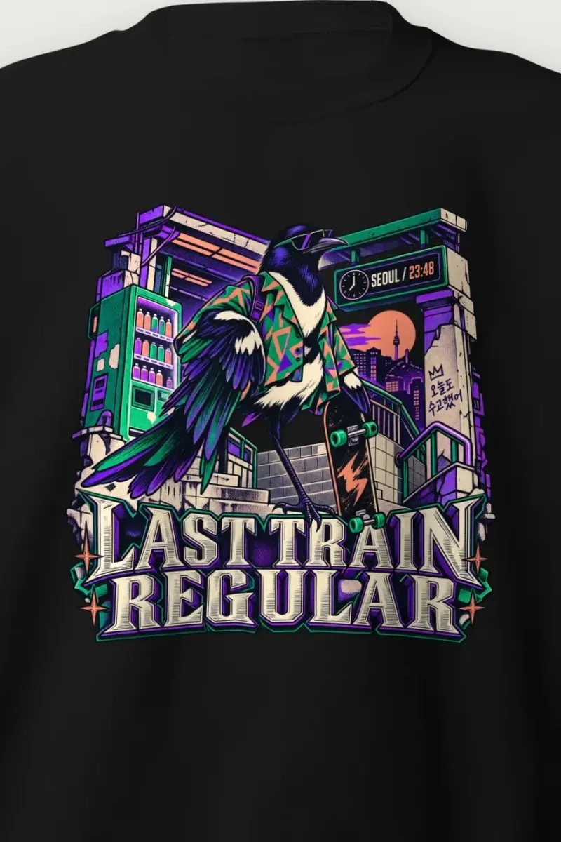 "Last Train Regular Magpie" Heavy Blend Unisex Crewneck Sweatshirt - the graphic up close
