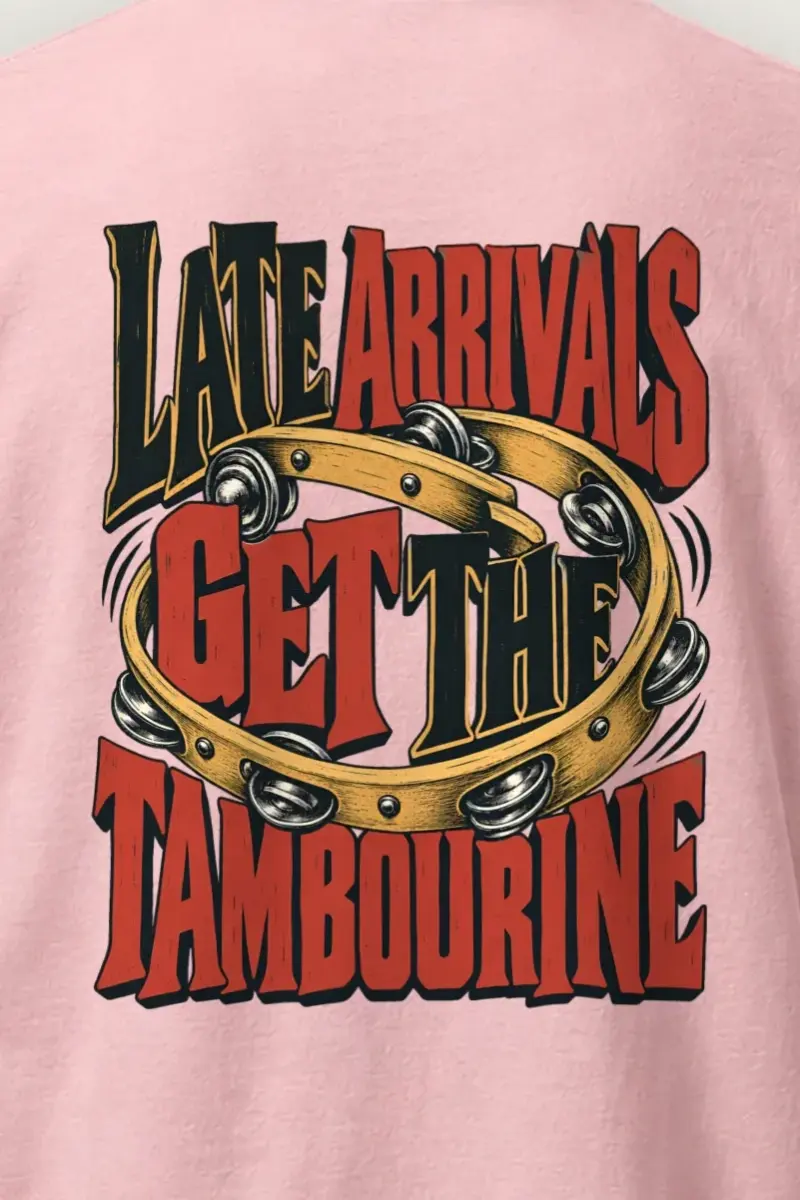 "Late Arrivals Get The Tambourine" Heavyweight Unisex Crewneck T-shirt - the graphic up close