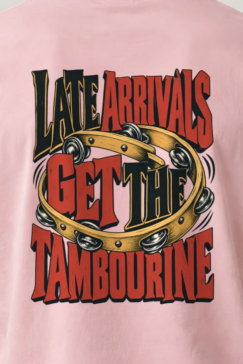 "Late Arrivals Get The Tambourine" Heavyweight Unisex Crewneck T-shirt - the graphic up close