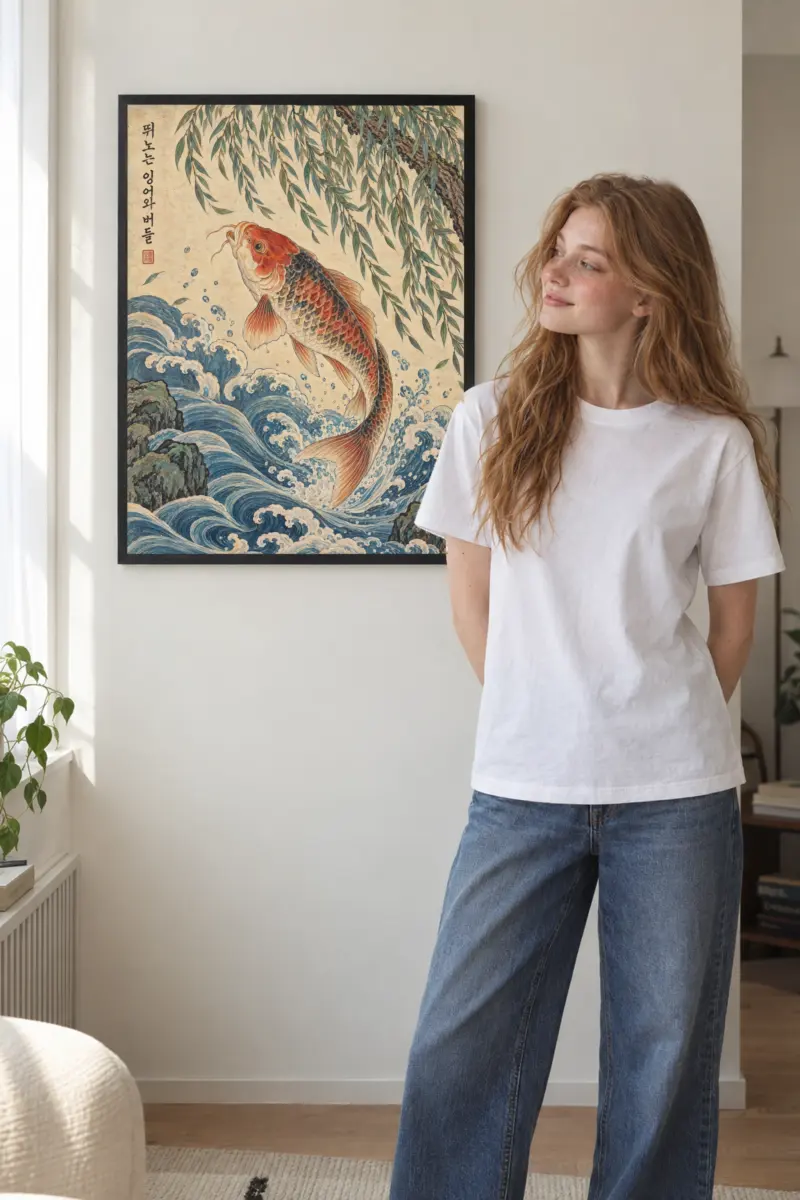“Leaping Carp and Willow” Premium Wooden Framed Poster