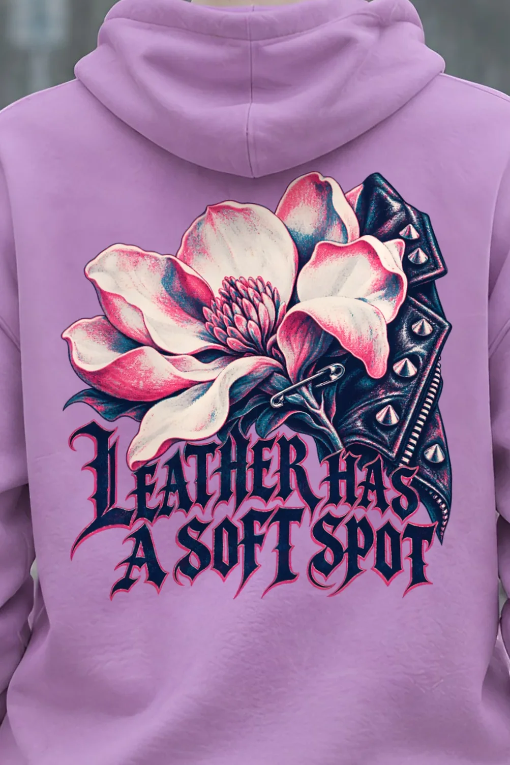 "Leather Has a Soft Spot" Heavy Blend Unisex Pullover Hoodie - the graphic up close