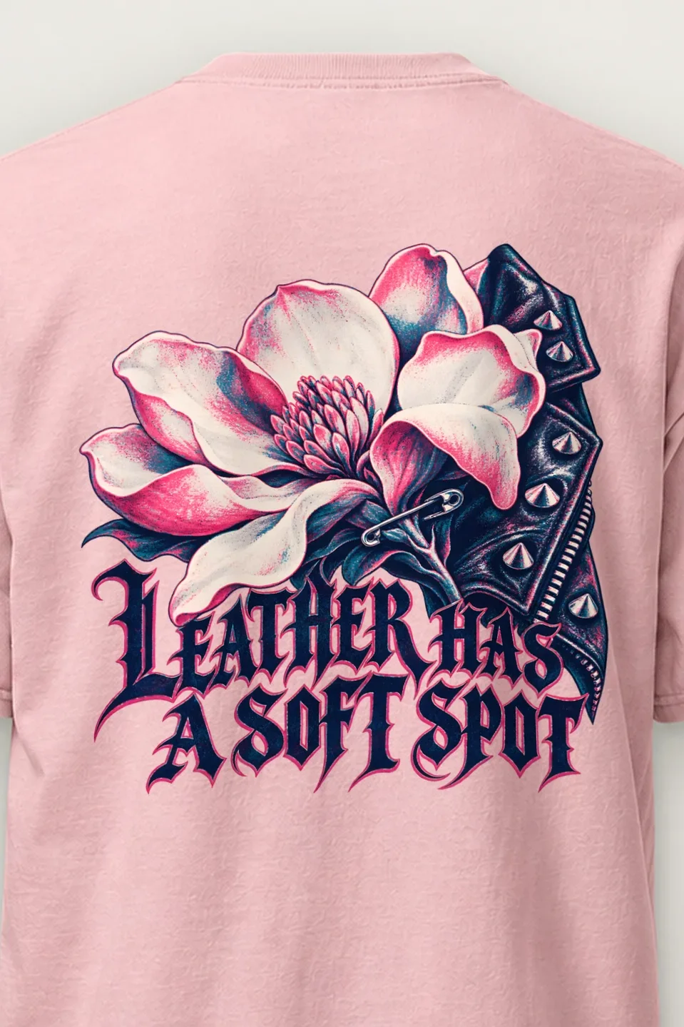 "Leather Has a Soft Spot" Heavyweight Unisex Crewneck T-shirt - the graphic up close
