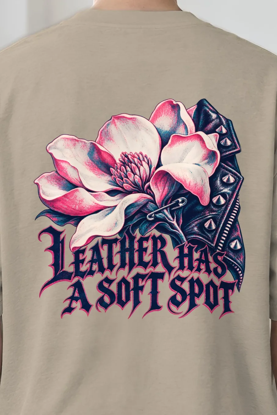 "Leather Has a Soft Spot" Men’s Oversized Heavyweight Crewneck T-Shirt - the graphic up close