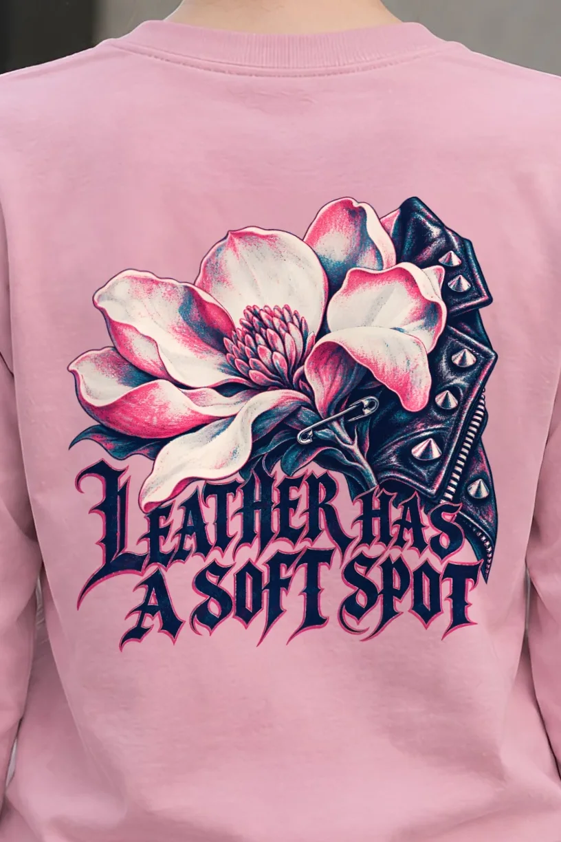 "Leather Has a Soft Spot" Unisex Longsleeve T-shirt - the graphic up close