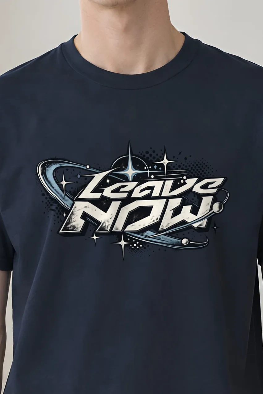 "Leave Now" Heavyweight Unisex Crewneck T-shirt - the graphic up close