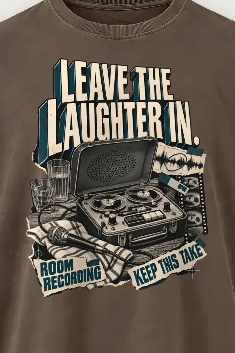 "Leave The Laughter In" Men’s Oversized Heavyweight Crewneck T-Shirt - the graphic up close