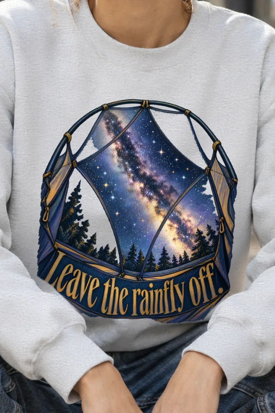 "Leave The Rainfly Off" Heavy Blend Unisex Crewneck Sweatshirt - the graphic up close